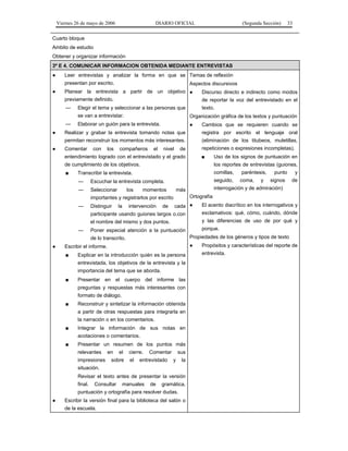 Viernes 26 de mayo de 2006

DIARIO OFICIAL

(Segunda Sección)

33

Cuarto bloque
Ambito de estudio
Obtener y organizar información
3º E 4. COMUNICAR INFORMACION OBTENIDA MEDIANTE ENTREVISTAS
●

Leer entrevistas y analizar la forma en que se Temas de reflexión
presentan por escrito.

●

Aspectos discursivos

Planear la entrevista a partir de un objetivo ●
previamente definido.

de reportar la voz del entrevistado en el

—

texto.

Elegir el tema y seleccionar a las personas que

Discurso directo e indirecto como modos

se van a entrevistar.
—
●

Organización gráfica de los textos y puntuación

Elaborar un guión para la entrevista.

●

Cambios que se requieren cuando se
registra por escrito el lenguaje oral

permitan reconstruir los momentos más interesantes.
●

Realizar y grabar la entrevista tomando notas que

(eliminación de los titubeos, muletillas,

Comentar

repeticiones o expresiones incompletas).

con

los

compañeros

el

nivel

de

entendimiento logrado con el entrevistado y el grado

■

Uso de los signos de puntuación en

de cumplimiento de los objetivos.

los reportes de entrevistas (guiones,

■

Transcribir la entrevista.

comillas,

paréntesis,

—

Escuchar la entrevista completa.

seguido,

coma,

—

Seleccionar

los

momentos

Distinguir

la

intervención

de

punto
signos

y
de

interrogación y de admiración)

más
Ortografía

importantes y registrarlos por escrito
—

y

cada ●

El acento diacrítico en los interrogativos y

participante usando guiones largos o.con
el nombre del mismo y dos puntos.
—

exclamativos: qué, cómo, cuándo, dónde
y las diferencias de uso de por qué y
Propiedades de los géneros y tipos de texto

de lo transcrito.
●

●

Escribir el informe.
■

Explicar en la introducción quién es la persona
entrevistada, los objetivos de la entrevista y la
importancia del tema que se aborda.

■

Presentar en el cuerpo del informe las
preguntas y respuestas más interesantes con
formato de diálogo.

■

Reconstruir y sintetizar la información obtenida
a partir de otras respuestas para integrarla en
la narración o en los comentarios.

■

Integrar la información de sus notas en
acotaciones o comentarios.

■

Presentar un resumen de los puntos más
relevantes
impresiones

en

el

sobre

cierre.
el

Comentar

entrevistado

sus
y

la

situación.
Revisar el texto antes de presentar la versión
final.

Consultar

manuales

de

gramática,

puntuación y ortografía para resolver dudas.
●

porque.

Poner especial atención a la puntuación

Escribir la versión final para la biblioteca del salón o
de la escuela.

Propósitos y características del reporte de
entrevista.

 