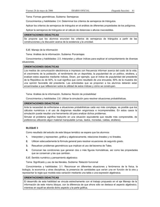Viernes 26 de mayo de 2006

DIARIO OFICIAL

(Segunda Sección)

61

Tema: Formas geométricas. Subtema: Semejanza
Conocimientos y habilidades: 2.4. Determinar los criterios de semejanza de triángulos.
Aplicar los criterios de semejanza de triángulos en el análisis de diferentes propiedades de los polígonos.
Aplicar la semejanza de triángulos en el cálculo de distancias o alturas inaccesibles.
ORIENTACIONES DIDACTICAS
Se propone que los alumnos enuncien los criterios de semejanza de triángulos a partir de las
construcciones y la discusión acerca de la existencia y la unicidad.
EJE: Manejo de la información
Tema: Análisis de la información. Subtema: Porcentajes
Conocimientos y habilidades: 2.5. Interpretar y utilizar índices para explicar el comportamiento de diversas
situaciones.
ORIENTACIONES DIDACTICAS
Los medios de comunicación electrónicos e impresos con frecuencia informan acerca del costo de la vida,
el crecimiento de la población, el rendimiento de un deportista, la popularidad de un político, etcétera, y
evalúan estos aspectos mediante índices. Dicen, por ejemplo, que el índice de popularidad del presidente
de la República es de 60%, lo cual significa que como resultado de una encuesta, 60% de la muestra dio
una opinión favorable del presidente. Las actividades que se proponen a los alumnos deberán estar
encaminadas a que reflexionen sobre la utilidad de estos índices y cómo se construyen.
Tema: Análisis de la información. Subtema: Noción de probabilidad
Conocimientos y habilidades: 2.6. Utilizar la simulación para resolver situaciones probabilísticas.
ORIENTACIONES DIDACTICAS
Ante la necesidad de enfrentarse a situaciones probabilísticas cada vez más complejas, es posible que los
cálculos numéricos o el uso de diagramas resulten engorrosos e incomprensibles. En estos casos la
simulación puede resultar una herramienta útil para analizar dichos problemas.
Simular el problema significa traducirlo en una situación equivalente que resulte más comprensible, de
preferencia utilizando algún material manipulable (urnas, dados, monedas, ruletas, etcétera).
BLOQUE 3
Como resultado del estudio de este bloque temático se espera que los alumnos:
1.

Interpreten y representen, gráfica y algebraicamente, relaciones lineales y no lineales.

2.

Utilicen adecuadamente la fórmula general para resolver ecuaciones de segundo grado.

3.

Resuelvan problemas geométricos que implican el uso del teorema de Tales.

4.

Conozcan las condiciones que generan dos o más figuras homotéticas, así como las propiedades
que se conservan y las que cambian.

EJE: Sentido numérico y pensamiento algebraico
Tema: Significado y uso de las literales. Subtema: Relación funcional
Conocimientos y habilidades: 3.1. Reconocer en diferentes situaciones y fenómenos de la física, la
biología, la economía y otras disciplinas, la presencia de cantidades que varían una en función de la otra y
representar la regla que modela esta variación mediante una tabla o una expresión algebraica.
ORIENTACIONES DIDACTICAS
El desarrollo de esta habilidad se vincula estrechamente con el trabajo propuesto en el eje Manejo de la
información de este mismo bloque, con la diferencia de que ahora sólo se destaca el aspecto algebraico,
mientras en aquél se aborda dicho aspecto y la parte gráfica.

 