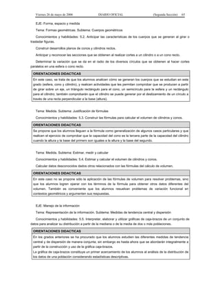 Viernes 26 de mayo de 2006

DIARIO OFICIAL

(Segunda Sección)

65

EJE: Forma, espacio y medida
Tema: Formas geométricas. Subtema: Cuerpos geométricos
Conocimientos y habilidades: 5.2. Anticipar las características de los cuerpos que se generan al girar o
trasladar figuras.
Construir desarrollos planos de conos y cilindros rectos.
Anticipar y reconocer las secciones que se obtienen al realizar cortes a un cilindro o a un cono recto.
Determinar la variación que se da en el radio de los diversos círculos que se obtienen al hacer cortes
paralelos en una esfera o cono recto.
ORIENTACIONES DIDACTICAS
En este caso, se trata de que los alumnos analicen cómo se generan los cuerpos que se estudian en este
grado (esfera, cono y cilindro), y realicen actividades que les permitan comprobar que se producen a partir
de girar sobre un eje, un triángulo rectángulo para el cono, un semicírculo para la esfera y un rectángulo
para el cilindro; también comprobarán que el cilindro se puede generar por el deslizamiento de un círculo a
través de una recta perpendicular a la base (altura).

Tema: Medida. Subtema: Justificación de fórmulas
Conocimientos y habilidades: 5.3. Construir las fórmulas para calcular el volumen de cilindros y conos.
ORIENTACIONES DIDACTICAS
Se propone que los alumnos lleguen a la fórmula como generalización de algunos casos particulares y que
realicen el ejercicio de comprobar que la capacidad del cono es la tercera parte de la capacidad del cilindro
cuando la altura y la base del primero son iguales a la altura y la base del segundo.

Tema: Medida. Subtema: Estimar, medir y calcular
Conocimientos y habilidades: 5.4. Estimar y calcular el volumen de cilindros y conos.
Calcular datos desconocidos dados otros relacionados con las fórmulas del cálculo de volumen.
ORIENTACIONES DIDACTICAS
En este caso no se propone sólo la aplicación de las fórmulas de volumen para resolver problemas, sino
que los alumnos logren operar con los términos de la fórmula para obtener otros datos diferentes del
volumen. También es conveniente que los alumnos resuelvan problemas de variación funcional en
contextos geométricos y argumenten sus respuestas.

EJE: Manejo de la información
Tema: Representación de la información. Subtema: Medidas de tendencia central y dispersión
Conocimientos y habilidades: 5.5. Interpretar, elaborar y utilizar gráficas de caja-brazos de un conjunto de
datos para analizar su distribución a partir de la mediana o de la media de dos o más poblaciones.
ORIENTACIONES DIDACTICAS
En los grados anteriores se ha procurado que los alumnos estudien las diferentes medidas de tendencia
central y de dispersión de manera conjunta; sin embargo es hasta ahora que se abordarán integralmente a
partir de la construcción y uso de la gráfica caja-brazos.
La gráfica de caja-brazos constituye un primer acercamiento de los alumnos al análisis de la distribución de
los datos de una población considerando estadísticas descriptivas.

 