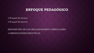 ENFOQUE PEDAGÓGICO
El papel del alumno
El papel del docente
DESCRIPCIÓN DE LOS ORGANIZADORES CURRICULARES
ORIENTACIONES DIDÁCTICAS
 