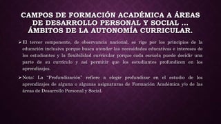 CAMPOS DE FORMACIÓN ACADÉMICA A ÁREAS
DE DESARROLLO PERSONAL Y SOCIAL …
ÁMBITOS DE LA AUTONOMÍA CURRICULAR.
El tercer componente, de observancia nacional, se rige por los principios de la
educación inclusiva porque busca atender las necesidades educativas e intereses de
los estudiantes y la flexibilidad curricular porque cada escuela puede decidir una
parte de su currículo y así permitir que los estudiantes profundicen en los
aprendizajes.
Nota: La “Profundización” refiere a elegir profundizar en el estudio de los
aprendizajes de alguna o algunas asignaturas de Formación Académica y/o de las
áreas de Desarrollo Personal y Social.
 