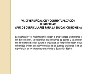 La diversidad y el multilingüismo obligan a crear Marcos Curriculares y,
con base en ellos, se desarrollan los programas de estudio y se articulan
con la diversidad social, cultural y lingüística, al tiempo que deben incluir
contenidos propios del acervo cultural de los pueblos originarios y de las
experiencias de los migrantes que atiende la Educación Básica.
VII. DI VERSIFICACIÓN Y CONTEXTUALIZACIÓN
CURRICULAR:
MARCOS CURRICULARES PARA LA EDUCACIÓN INDÍGENA
 