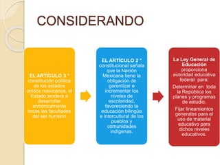 CONSIDERANDO
EL ARTICULO 3 °
constitución política
de los estados
unidos mexicanos, el
Estado tenderá a
desarrollar
armónicamente
todas las facultades
del ser humano
EL ARTÍCULO 2 °
constitucional señala
que la Nación
Mexicana tiene la
obligación de
garantizar e
incrementar los
niveles de
escolaridad,
favoreciendo la
educación bilingüe
e intercultural de los
pueblos y
comunidades
indígenas.
La Ley General de
Educación
proporciona
autoridad educativa
federal para:
Determinar en toda
la República los
planes y programas
de estudio.
Fijar lineamientos
generales para el
uso de material
educativo para
dichos niveles
educativos.
 