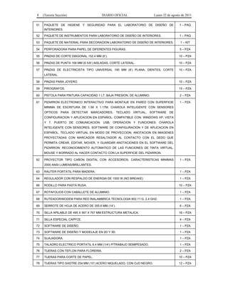 8 (Tercera Sección) DIARIO OFICIAL Lunes 22 de agosto de 2011 
51 PAQUETE DE HIGIENE Y SEGURIDAD PARA EL LABORATORIO DE DISEÑO DE 
INTERIORES. 
1 – PAQ 
52 PAQUETE DE INSTRUMENTOS PARA LABORATORIO DE DISEÑO DE INTERIORES. 1 – PAQ 
53 PAQUETE DE MATERIAL PARA DECORACION LABORATORIO DE DISEÑO DE INTERIORES. 1 – KIT 
54 PERFORADORA PARA PAPEL DE DIFERENTES FIGURAS. 5 – PZA 
55 PINZAS DE CORTE DIAGONAL 152.4 MM (6’). 10 – PZA 
56 PINZAS DE PUNTA 168 MM (6 5/8’) AISLADAS, CORTE LATERAL. 10 – PZA 
57 PINZAS DE ELECTRICISTA TIPO UNIVERSAL 190 MM (8’) PLANA, DIENTES, CORTE 
LATERAL. 
10 – PZA 
58 PINZAS PARA JOYERO. 10 – PZA 
59 PIROGRAFOS. 15 – PZA 
60 PISTOLA PARA PINTURA CAPACIDAD 1 LT. BAJA PRESION, DE ALUMINIO. 2 – PZA 
61 PIZARRON ELECTRONICO INTERACTIVO PARA MONTAJE EN PARED CON SUPERFICIE 
MINIMA DE ESCRITURA DE 1.56 X 1.17M, CHAROLA INTELIGENTE CON SENSORES 
OPTICOS PARA DETECTAR MARCADORES, TECLADO VIRTUAL, SOFTWARE DE 
CONFIGURACION Y APLICACION EN ESPAÑOL. COMPATIBLE CON: WINDOWS XP, VISTA 
Y 7. PUERTO DE COMUNICACION: USB. OPERACION Y FUNCIONES: CHAROLA 
INTELIGENTE CON SENSORES. SOFTWARE DE CONFIGURACION Y DE APLICACION EN 
ESPAÑOL; TECLADO VIRTUAL EN MODO DE PROYECCION; ANOTACION EN IMAGENES 
PROYECTADAS CON MARCADOR RESALTADOR AL CONTACTO CON EL DEDO QUE 
PERMITA CREAR, EDITAR, MOVER, Y GUARDAR ANOTACIONES EN EL SOFTWARE DEL 
PIZARRON; RECONOCIMIENTO AUTOMATICO DE LAS FUNCIONES DE TINTA VIRTUAL, 
MOUSE Y BORRADO AL HACER CONTACTO CON LA SUPERFICIE DEL PIZARRON. 
1 – PZA 
62 PROYECTOR TIPO CAÑON DIGITAL CON ACCESORIOS. CARACTERISTICAS MINIMAS 
2000 ANSI LUMENS/BRILLANTES. 
1 – PZA 
63 RAUTER PORTATIL PARA MADERA. 1 – PZA 
64 REGULADOR CON RESPALDO DE ENERGIA DE 1500 W (NO BREAKE) 1 – PZA 
66 RODILLO PARA PASTA RUSA. 10 – PZA 
67 ROTAFOLIOS CON CABALLETE DE ALUMINIO. 1 – PZA 
68 RUTEADOR/MODEM PARA RED INALAMBRICA TECNOLOGIA 802.11 G. 2.4 GHZ. 1 – PZA 
69 SERROTE DE HOJA DE ACERO DE 355.6 MM (14’). 6 – PZA 
70 SILLA APILABLE DE 495 X 567 X 767 MM ESTRUCTURA METALICA. 16 – PZA 
71 SILLA ESPECIAL CAPFCE. 4 – PZA 
72 SOFTWARE DE DISEÑO. 1 – PZA 
73 SOFTWARE DE DISEÑO Y MODELAJE EN 2D Y 3D. 1 – PZA 
74 SUAJADORA. 1 – PZA 
75 TALADRO ELECTRICO PORTATIL 6.4 MM (1/4’) P/TRABAJO SEMIPESADO. 1 – PZA 
76 TIJERAS CON TEFLON PARA FLORERIA. 2 – PZA 
77 TIJERAS PARA CORTE DE PAPEL. 10 – PZA 
78 TIJERAS TIPO SASTRE 254 MM (10’) ACERO NIQUELADO, CON OJO NEGRO. 12 – PZA 
 