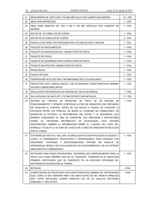26 (Tercera Sección) DIARIO OFICIAL Lunes 22 de agosto de 2011 
21 MESA BINARIA DE 1200 X 400 X 750 MM, METALICA CON CUBIERTA DE MADERA. 16 – PZA 
22 MESA PARA IMPRESORA. 1 – PZA 
23 MESA PARA MAESTRO DE 1200 X 600 X 750 MM, METALICA CON CUBIERTA DE 
MADERA. 
1 – PZA 
24 MOTOR DE 105 CABALLOS DE FUERZA. 1 – PZA 
25 MOTOR DE 60 CABALLOS DE FUERZA. 3 – PZA 
28 PANTALLA DE PARED TIPO PERSIANA PARA COLGAR DE 2000 X 2000 MM. 1 - PZA 
29 PAQUETE DE INSTRUMENTOS 1 – PAQ 
30 PAQUETE DE NAVEGACION DEL LABORATORIO DE PESCA. 1 – PAQ 
31 PAQUETE DE PESCA. 1 – PAQ 
32 PAQUETE DE SEGURIDAD PARA LABORATORIO DE PESCA. 1 – PAQ 
33 PAQUETE NAUTICO DEL LABORATORIO DE PESCA. 1 – PAQ 
34 PANGA BUGUI. 1 – PZA 
35 PANGA TIPO BOA. 1 – PZA 
36 PIZARRON METALICO DE 3000 X 900 MM ESMALTADO COLOR BLANCO 1 – PZA 
37 PROYECTOR (TIPO CAÑON) DIGITAL CON ACCESORIOS CARACTERISTICAS MINIMAS 
200 ANCI LUMENS/ BRILLANTES 
1 – PZA 
38 REGULADOR CON RESPALDO DE ENERGIA DE 1500 W (NO BREAK). 1 – PZA 
39 SILLA APILABLE DE 495 X 567 X 767 MM. ESTRUCTURA METALICA. 17 - PZA 
40 SISTEMA DE CONTROL DE ARRASTRE, SE TRATA DE UN SISTEMA DE 
POSICIONAMIENTO Y PERMITE CONTROLAR LA RED DE ARRASTRE CON PRECISION, 
DE FACILITAR EL CONTROL CERCA DE LAS ROCAS O PECIOS, DE CONOCER LA 
DISTANCIA ENTRE LOS PANELES, DE BAJAR SU CONSUMO DE COMBUSTIBLE, DE 
AUMENTAR LA EFICACIA, LA RENTABILIDAD DEL BUQUE Y LA SEGURIDAD, QUE 
PERMITE POSICIONAR SU RED DE ARRASTRE CON PRECISION E INSTANTANEA 
SOBRE SU PROGRAMA INFORMATICO DE NAVEGACION. ESTE SISTEMA 
PROPORCIONA TAMBIEN LA INFORMACION SOBRE EL LLENADO DEL COPO DEL 
APAREJO Y FACILITA LA ALTURA DE LA BOCA DE LA RED DE ARRASTRE EN RELACION 
CON EL FONDO. 
1 – PZA 
41 SOFTWARE DE NAUTICA, INCLUIRA UN SIMULADOR DE IDENTIFICACION DE BUQUES Y 
LUCES. LA HERRAMIENTA OBLIGATORIA E INDISPENSABLE PARA NAVEGAR CON 
SEGURIDAD, CONFIANZA Y RESPONSABILIDAD. DISPONE DEL MODULO DE 
APRENDIZAJE, MODULO DE EVALUACION DE LOS CONOCIMIENTOS Y DE UN POTENTE 
SIMULADOR EN 3 DIMENSIONES. 
1 – PZA 
42 SOFTWARE PARA PESCA PROFESIONAL, DESARROLLADO ESPECIALMENTE PARA LA 
PESCA QUE EXIGE SIEMPRE MAS DE SU TRAZADOR. TURBOWIN ES EL MINI-ECDIS 
PRIMERO CERTIFICADO QUE SE CONVIERTE EN UN APLICADO ESTANDAR DEL 
SOFTWARE DE NAVEGACION AL FISHING. 
1 – PZA 
43 BOTIQUIN. 1-PZA 
44 COMPUTADORA DE ESCRITORIO CON CARACTERISTICAS MINIMAS DE: PROCESADOR 
DUAL CORE 2.5 GHZ; MEMORIA RAM 2 GB; DISCO DURO 250 GB; TARJETA WIRELESS 
WIFI, TCP/IP INSTALADO, DVDRW; MONITOR LCD DE 22”. INCLUYE SOFTWARE 
WINDOWS 7 Y M/S OFFICE. 
1-PZA 
 