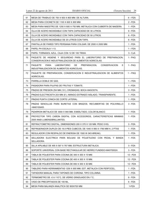Lunes 22 de agosto de 2011 DIARIO OFICIAL (Tercera Sección) 29 
61 MESA DE TRABAJO DE 700 X 500 X 800 MM. DE ALTURA. 4 – PZA 
62 MESA PARA COCINETA DE 1100 X 600 X 900 MM. 2 - PZA 
63 MESA PARA MAESTRO DE 1200 X 600 X 750 MM, METALICA CON CUBIERTA DE MADERA. 1 - PZA 
64 OLLA DE ACERO INOXIDABLE CON TAPA CAPACIDAD DE 30 LITROS. 6 - PZA 
65 OLLA DE ACERO INOXIDABLE CON TAPA CAPACIDAD DE 50 LITROS. 6 - PZA 
66 OLLA DE ACERO INOXIDABLE DE 20 LITROS CON TAPA. 6 - PZA 
67 PANTALLA DE PARED TIPO PERSIANA PARA COLGAR, DE 2000 X 2000 MM. 1 - PZA 
68 PAPEL PH ESCALA 1-13. 1 – PZA 
69 PAPEL TORNASOL AZUL, CAJA CON 12 DE 100 TIRAS. 3 - CJA 
70 PAQUETE DE HIGIENE Y SEGURIDAD PARA EL LABORATORIO DE PREPARACION, 
CONSERVACION E INDUSTRIALIZACION DE ALIMENTOS AGRICOLAS. 
1 - PAQ 
71 PAQUETE PARA LABORATORIO DE PREPARACION, CONSERVACION E 
INDUSTRIALIZACION DE ALIMENTOS AGRICOLAS. 
1 - PAQ 
72 PAQUETE DE PREPARACION, CONSERVACION E INDUSTRIALIZACION DE ALIMENTOS 
AGRICOLAS. 
1 – PAQ 
73 PARRILLA DOBLE DE GAS. 1 – PZA 
74 PASADORA PARA PULPAS DE FRUTAS Y TOMATE. 1 - PZA 
75 PINZAS DE PRESION 254 MM (10´), CROMADAS, BOCA ANGOSTA. 3 - PZA 
76 PINZAS ELECTRICISTA 203 MM (8´), MANGO ESTRIADO AISLADO, TRANSPARENTE. 1 - PZA 
77 PINZAS PUNTA CONICA DE CORTE LATERAL. 1 - PZA 
78 PINZAS SENCILLAS PARA BURETAS CON BRAZOS, RECUBIERTAS DE POLIVINILLO 
=M40100405. 
3 - PZA 
79 PIZARRON METALICO DE 3000 X 900 MM, ESMALTADO, COLOR BLANCO. 1 - PZA 
80 PROYECTOR TIPO CAÑON DIGITAL CON ACCESORIOS, CARACTERISTICAS MINIMAS 
2000 ANSI LUMENS/BRILLANTES. 
1 - PZA 
81 REFRACTOMETRO DIGITAL, DIMENSIONES 200 X 370 X 120 MM, PESO 5 KG. 3 - PZA 
82 REFRIGERADOR DUPLEX DE 19.5 PIES CUBICOS, DE 1040 X 560 X 1760 MM H, 2 PTAS 1 - PZA 
83 REGULADOR CON RESPALDO DE ENERGIA DE 1500 W (NO-BREAK). 1 - PZA 
84 SELLADORA ELECTRICA PARA BOLSAS DE POLIETILENO CON PEDAL Y BANDA 
SELLADORA. 
1 - PZA 
85 SILLA APILABLE DE 495 X 567 X 767 MM, ESTRUCTURA METALICA. 3 - PZA 
86 SOPORTE UNIVERSAL CON BASE RECTANGULAR DE HIERRO FUNDIDO=M40700024. 3 - PZA 
87 TABLA DE POLIESTER PARA COCINA DE 300 X 300 X 15 MM. 12 - PZA 
88 TABLA DE POLIESTER PARA COCINA DE 400 X 300 X 15 MM. 12 - PZA 
89 TABLA DE POLIESTER PARA COCINA DE 650 X 300 X 30 MM. 12 - PZA 
90 TABLERO PARA HERRAMIENTAS 1200 X 900 MM, EST. METALICA CON PERFOCEL. 1 - PZA 
91 TAPADORA MANUAL PARA TAPONES DE CORONA, TIPO COLUMNA. 1 - PZA 
92 TERMOMETRO DE -0 A 110°C, DE VIDRIO GRADUADO EN 1°C. 6 - PZA 
93 VASO DE PRECIPITADOS DE 100 ML. 6 - PZA 
94 MESA PARA BALANZA ANALITICA DE 900X700 MM. 1-PZA 
 