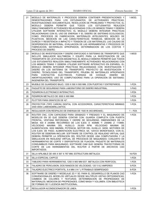 Lunes 22 de agosto de 2011 DIARIO OFICIAL (Tercera Sección) 39 
21 MODULO DE MATERIALES Y PROCESOS DEBERA CONTENER PRESENTACIONES Y 
DEMOSTRACIONES PARA LOS ESTUDIANTES, DE ACTIVIDADES PRACTICAS, 
INVESTIGACIONES DOCUMENTALES, RESOLUCION DE PROBLEMAS Y PROYECTOS. EL 
MODULO DEBERA PERMITIR QUE TODOS LOS ESTUDIANTES REALICEN 
SIMULTANEAMENTE ACTIVIDADES RELACIONADAS CON LOS MISMOS TEMAS Y DEBERA 
UTILIZAR SOFTWARE INTERACTIVO. EL MODULO DEBERA INTEGRAR PRACTICAS 
RELACIONADAS CON EL USO DE ENERGIA Y EL DISEÑO DE SISTEMAS ECOLOGICOS, 
COMO: PROCESOS DE FABRICACION, MATERIALES INTELIGENTES, MOLDEO DE 
PLASTICOS, MEDICION DE LAS CARACTERISTICAS TERMICAS, MEDICION DE LA 
DUREZA Y RESISTENCIA A IMPACTO Y TENSION DE LOS MATERIALES, LAS CAUSAS DE 
DESPERDICIOS DE MATERIAL, EVALUACION DE LAS HERRAMIENTAS Y PROCESOS DE 
FABRICACION, MATERIALES APROPIADOS, DETERMINACION DE LOS COSTOS Y 
PROCESO DE DISEÑO. 
1-MOD. 
22 MODULO DE INVESTIGACION Y DISEÑO ENFOCADO A SISTEMAS DE TRANSPORTE QUE 
INCLUYE SIMULADOR MULTIMEDIA Y EQUIPO PARA LA INVESTIGACION DE UN 
TRANSPORTE DE LEVITACION MAGNETICA. EL MODULO DEBERA PERMITIR QUE TODOS 
LOS ESTUDIANTES REALICEN SIMULTANEAMENTE ACTIVIDADES RELACIONADAS CON 
LOS MISMOS TEMAS Y DEBERA UTILIZAR SOFTWARE INTERACTIVO EN ESPAÑOL. EL 
MODULO DEBERA INTEGRAR PRACTICAS RELACIONADAS CON: INVESTIGACION Y 
DISEÑO EN LOS SISTEMAS DE TRANSPORTE; PROYECTO DE INVESTIGACION Y 
DISEÑO; TECNOLOGIAS DEL TRANSPORTE; PRUEBA DE MATERIALES APROPIADOS 
PARA CONTACTOS ELECTRICOS; FUERZAS DE CHOQUE; DISEÑO DE 
AMORTIGUADORES; USO DE COMPUTADORAS PARA LA OPERACION DE SISTEMAS; 
INGENIERIA DEL TRANSPORTE. 
1-MOD 
23 MUEBLE DE GUARDADO BAJO, 1200 X 590 X 900 MM, CON PUERTAS Y ENTREPAÑOS. 1-PZA 
24 PAQUETE DE SEGURIDAD PARA LABORATORIO DE DISEÑO INDUSTRIAL. 1-PAQ 
25 PIZARRON ELECTRONICO INTERACTIVO. 1-PZA 
26 PIZARRON METALICO DE 3000 X 900 MM. 1-PZA 
27 PLOTTER PARA GRAFICOS DE 42”. 1-PZA 
28 PROYECTOR (TIPO CAÑON) DIGITAL CON ACCESORIOS, CARACTERISTICAS MINIMAS 
2000 ANSI LUMENS/BRILLANTES. 
1-PZA 
29 REGULADOR CON RESPALDO DE ENERGIA DE 1500 W (NO-BREAKE). 1 – PZA 
30 ROUTER CNC, CON CAPACIDAD PARA GRABADO Y FRESADO Y EL MAQUINADO DE 
MODELOS EN 3D QUE DEBERA CONTAR CON: GUARDA COMPLETA CON PUERTA 
FRONTAL, VENTANA REFORZADA Y CIERRE DE SEGURIDAD, DIMENSIONES DE LA 
MESA: 400 X 240MM, RECORRIDO DE LOS EJES: X: 400MM; Y: 240MM; Z: 110MM, 
VELOCIDAD MAXIMA DEL HUSILLO: 29,000 RPM, VELOCIDAD MAXIMA DE 
ALIMENTACION: 5000 MM/MIN, POTENCIA, MOTOR DEL HUSILLO: 500W, MOTORES DE 
LOS EJES: DE PASO, ALIMENTACION ELECTRICA: 6A; 120VCA MONOFASICA. CON EL 
ROUTER SE DEBERAN INCLUIR: SOFTWARE DE CONTROL DE REALIDAD VIRTUAL QUE 
DEBERA PERMITIR LA OPERACION DEL ROUTER DESDE UNA COMPUTADORA Y LA 
SIMULACION EN REALIDAD VIRTUAL DE PROCESOS DE MAQUINADO; CONJUNTO DE 
HERRAMIENTAS DE CORTE Y DISPOSITIVOS DE FIJACION, PAQUETE DE MATERIALES 
CONSUMIBLES PARA MAQUINADO; SOFTWARE CAM QUE GENERA TRAYECTORIAS DE 
CORTE DE LAS HERRAMIENTAS DEL ROUTER A PARTIR DE ARCHIVOS CAD 
IMPORTADOS. 
1-PZA 
31 SILLA APILABLE DE 495 X 567 X 767 MM, ESTRUCTURA METALICA. 16-PZA 
32 SILLA ESPECIAL CAPFCE 1-PZA 
33 TABLERO PARA HERRAMIENTAS, 1200 X 900 MM EST. METALICA CON PERFOCEL 1-PZA 
34 TALADRO DE PERCUSION, DOS RANGOS DE VELOCIDAD, 120 V 8.2 AMPERES 5-PZA 
35 TALADRO ELECTRICO PORTATIL, 6.4 MM (1/4 “), P/TRABAJO SEMIPESADO 6-PZA 
36 SOFTWARE DE DISEÑO Y MODELAJE 2D Y 3D, PARA EL DESARROLLO DE PLANOS CAD 
CONVENCIONALES; MODELOS VIRTUALES DESDE MULTIPLES VISTAS ORTOGRAFICAS; 
CAMBIOS DE COLORES Y TEXTURAS; DETERMINACION DE PROPIEDADES DE 
MATERIALES; MEDICION DE PROPIEDADES, COMO MASA Y VOLUMEN, CON BIBLIOTECA 
DE FORMAS 3D Y LICENCIA INSTITUCIONAL. 
1-PZA 
37 REGULADOR ACONDICIONADOR DE LINEA. 1-PZA 
 
