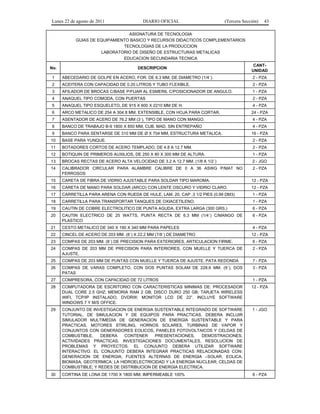 Lunes 22 de agosto de 2011 DIARIO OFICIAL (Tercera Sección) 43 
ASIGNATURA DE TECNOLOGIA 
GUIAS DE EQUIPAMIENTO BASICO Y RECURSOS DIDACTICOS COMPLEMENTARIOS 
TECNOLOGIAS DE LA PRODUCCION 
LABORATORIO DE DISEÑO DE ESTRUCTURAS METALICAS 
EDUCACION SECUNDARIA TECNICA 
No. DESCRIPCION CANT-UNIDAD 
1 ABECEDARIO DE GOLPE EN ACERO, FOR. DE 6.3 MM, DE DIAMETRO (1/4´). 2 - PZA 
2 ACEITERA CON CAPACIDAD DE 0.20 LITROS Y TUBO FLEXIBLE. 2 - PZA 
3 AFILADOR DE BROCAS C/BASE P/FIJAR AL ESMERIL C/POSICIONADOR DE ANGULO. 1 - PZA 
4 ANAQUEL TIPO COMODA, CON PUERTAS 2 - PZA 
5 ANAQUEL TIPO ESQUELETO, DE 915 X 600 X 2210 MM DE H. 4 - PZA 
6 ARCO METALICO DE 254 A 304.8 MM, EXTENSIBLE, CON HOJA PARA CORTAR. 24 - PZA 
7 ASENTADOR DE ACERO DE 76.2 MM (3´), TIPO DE MANO CON MANGO. 4 - PZA 
8 BANCO DE TRABAJO B-9 1800 X 850 MM, CUB. MAD. SIN ENTREPAÑO 4 - PZA 
9 BANCO PARA SENTARSE DE 310 MM DE Ø X 704 MM, ESTRUCTURA METALICA. 16 - PZA 
10 BASE PARA YUNQUE. 2 - PZA 
11 BOTADORES CORTOS DE ACERO TEMPLADO, DE 4.8 A 12.7 MM. 2 - PZA 
12 BOTIQUIN DE PRIMEROS AUXILIOS, DE 250 X 80 X 300 MM DE ALTURA. 1 - PZA 
13 BROCAS RECTAS DE ACERO ALTA VELOCIDAD DE 3.2 A 12.7 MM. (1/8 A 1/2´) 2 - JGO 
14 CALIBRADOR CIRCULAR PARA ALAMBRE CALIBRE DE 0 A 36 ASWG P/MAT NO 
FERROSOS 
2 - PZA 
15 CARETA DE FIBRA DE VIDRIO AJUSTABLE PARA SOLDAR TIPO MAROMA. 12 - PZA 
16 CARETA DE MANO PARA SOLDAR (ARCO) CON LENTE OSCURO Y VIDRIO CLARO. 12 - PZA 
17 CARRETILLA PARA ARENA CON RUEDA DE HULE, LAM. 20, CAP .3 1/2 PIES (0.99 DM3) 1 - PZA 
18 CARRETILLA PARA TRANSPORTAR TANQUES DE OXIACETILENO. 1 - PZA 
19 CAUTIN DE COBRE ELECTROLITICO DE PUNTA AGUDA, EXTRA LARGA (300 GRS.) 6 - PZA 
20 CAUTIN ELECTRICO DE 25 WATTS, PUNTA RECTA DE 6.3 MM (1/4´) C/MANGO DE 
PLASTICO 
6 - PZA 
21 CESTO METALICO DE 340 X 190 X 340 MM PARA PAPELES 4 - PZA 
22 CINCEL DE ACERO DE 203 MM. (8´) X 22.2 MM (7/8´) DE DIAMETRO 12 - PZA 
23 COMPAS DE 203 MM. (8´) DE PRECISION PARA EXTERIORES, ARTICULACION FIRME. 6 - PZA 
24 COMPAS DE 203 MM DE PRECISION PARA INTERIORES, CON MUELLE Y TUERCA DE 
AJUSTE, 
2 - PZA 
25 COMPAS DE 203 MM DE PUNTAS CON MUELLE Y TUERCA DE AJUSTE, PATA REDONDA 7 - PZA 
26 COMPAS DE VARAS COMPLETO, CON DOS PUNTAS SOLAM DE 228.6 MM. (9´), DOS 
PATAS 
3 - PZA 
27 COMPRESORA, CON CAPACIDAD DE 72 LITROS 1 - PZA 
28 COMPUTADORA DE ESCRITORIO CON CARACTERISTICAS MINIMAS DE: PROCESADOR 
DUAL CORE 2.5 GHZ; MEMORIA RAM 2 GB; DISCO DURO 250 GB; TARJETA WIRELESS 
WIFI, TCP/IP INSTALADO, DVDRW; MONITOR LCD DE 22”. INCLUYE SOFTWARE 
WINDOWS 7 Y M/S OFFICE. 
12 - PZA 
29 CONJUNTO DE INVESTIGACION DE ENERGIA SUSTENTABLE INTEGRADO DE SOFTWARE 
TUTORIAL, DE SIMULACION Y DE EQUIPOS PARA PRACTICAS. DEBERA INCLUIR 
SIMULADOR MULTIMEDIA DE GENERACION DE ENERGIA SUSTENTABLE Y PARA 
PRACTICAS, MOTORES STIRLING, HORNOS SOLARES, TURBINAS DE VAPOR Y 
CONJUNTOS CON GENERADORES EOLICOS, PANELES FOTOVOLTAICOS Y CELDAS DE 
COMBUSTIBLE. DEBERA CONTENER PRESENTACIONES, DEMOSTRACIONES, 
ACTIVIDADES PRACTICAS, INVESTIGACIONES DOCUMENTALES, RESOLUCION DE 
PROBLEMAS Y PROYECTOS. EL CONJUNTO DEBERA UTILIZAR SOFTWARE 
INTERACTIVO. EL CONJUNTO DEBERA INTEGRAR PRACTICAS RELACIONADAS CON: 
GENERACION DE ENERGIA; FUENTES ALTERNAS DE ENERGIA –SOLAR, EOLICA, 
BIOMASA, GEOTERMICA; LA HIDROELECTRICIDAD Y LA ENERGIA NUCLEAR; CELDAS DE 
COMBUSTIBLE; Y REDES DE DISTRIBUCION DE ENERGIA ELECTRICA. 
1 - JGO 
30 CORTINA DE LONA DE 1700 X 1800 MM, IMPERMEABLE 100% 6 - PZA 
 