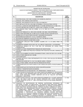 58 (Tercera Sección) DIARIO OFICIAL Lunes 22 de agosto de 2011 
ASIGNATURA DE TECNOLOGIA 
GUIAS DE EQUIPAMIENTO BASICO Y RECURSOS DIDACTICOS COMPLEMENTARIOS 
TECNOLOGIAS DE LA CONSTRUCCION 
LABORATORIO DE CLIMATIZACION Y REFRIGERACION 
EDUCACION SECUNDARIA TECNICA 
No. DESCRIPCION CANT-UNIDAD 
1 ACEITERA 300 ML CON TUBO FLEXIBLE DE 150 MM DE LONGITUD. 1 – PZA 
2 ANAQUEL TIPO COMODA CON PUERTAS. 2 - PZA 
3 ANAQUEL TIPO ESQUELETO DE 915 X 450 X 2210 MM DE H. 3 – PZA 
4 ARCO METALICO DE 254 A 304.8 MM, EXTENSIBLE, CON HOJA PARA CORTAR. 5 – PZA 
5 AUTOCLE, LLAVES DE CUBO MILIMETRICAS, 4 A 25 MM. ENTRADA DE 12.7 MM. (1/2’). 6 – JGO 
6 AUTOCLE METRICO DE 9.5 MM (3.8’), JUEGO CON 13 DADOS, 6 A 22 MM. 6 – JGO 
7 AVELLANADOR PARA TUBO DE COBRE, 3.2 A 19.1 MM (1/8 A ¾’), C/CORTADOR Y 
ESTUCHE. 
10 – PZA 
8 BANCO DE TRABAJO B-10, 1800 X 800 X 850 MM. CUB. MAD. CON ENTREPAÑO. 8 – PZA 
9 BANCO PARA SENTARSE DE 310 MM, DE Ø X 704 MM. ESTRUCTURA METALICA. 16 – PZA 
10 BOMBA DE ALTO VACIO PARA EVACUAR Y DESHIDRATAR EQUIPOS. 1 – PZA 
11 BOTADORES DE ACERO DE 1.6 X 6.3, 152 MM DE LARGO. 2 – PZA 
12 BOTIQUIN DE PRIMEROS AUXILIOS DE 250 X 80 X 300 MM DE ALTURA. 1 – PZA 
13 BROCHA DE CERDA DE 38 MM PARA LAVAR. 5 – PZA 
14 CALIBRADOR CIRCULAR PARA ALAMBRE CALIBRE DE 0 A 36 ASWG P/MAT NO 
FERROSO. 
2 – PZA 
15 CALIBRADOR VERNIER (PIE DE REY) DE 152.4 MM (6?) PARA INTER. Y EXTERIORES. 2 – PZA 
16 CARRETILLA (DIABLO) DE 150 A 200 KGS. DE CAPACIDAD DE CARGA PARA 
TRANSPORTAR. 
1 – PZA 
17 CARRETILLA PARA TRANSPORTAR TANQUES DE OXIACETILENO. 1 – PZA 
18 CAUTIN DE COBRE ELECTROLITICO FORJADO TIPO HACHA DE 300 GRS, C/MANGO DE 
MADERA. 
2 – PZA 
19 CEPILLO DE ALAMBRE DE ACERO CON MANGO PLANO, CURVO DE 280 X 30 X 230 MM. 2 – PZA 
20 CEPILLO PARA LIMAS DE 40 X 150 MM. 5 – PZA 
21 CESTO METALICO 3 - PZA 
22 CILINDRO METALICO PARA REFRIGERANTE DE 4.5 KGS. CON VALVULA DE BRONCE 
SIN COSTURA. 
2 – PZA 
23 CINCELES DE ACERO DE 7.9, 15.8 Y 22.2 MM DE LARGO, 3 PIEZAS. 2 – JGO 
24 CIZALLA PARA LAMINA, TIPO DE PISO DE OPERACION DE PEDAL. 1 – PZA 
25 COMPAS METALICO DE PUNTA, MUELLE CON TUERCA DE AJUSTE, PATAS PLANAS DE 
ACERO. 
2 – PZA 
25 COMPAS METALICO DE PUNTAS DE ACERO CON ARTICULACION. 3 – PZA 
26 COMPAS Y TRANSPORTADOR DE MADERA. 2 – PZA 
27 COMPRESORA DE UN PASO MOTOR 1 HP, MONOFASICO, TANQUE 45 LTS. 1 – PZA 
28 COMPUTADORA DE ESCRITORIO CON CARACTERISTICAS MINIMAS DE: PROCESADOR 
DUAL CORE 2.5 GHZ; MEMORIA RAM 2 GB; DISCO DURO 250 GB; TARJETA WIRELESS 
WIFI, TCP/IP INSTALADO, DVDRW; MONITOR LCD DE 22”. INCLUYE SOFTWARE 
WINDOWS 7 Y M/S OFFICE. 
1 – PZA 
29 COMPUTADORA PORTATIL CON CARACTERISTICAS MINIMAS DE: 2130 MHZ; MEMORIA 
RAM 2 GB; DISCO DURO 250 GB; TARJETA WIRELESS WIFI, TCP/IP INSTALADO, 
DVDRW; MONITOR LCD DE 14”. 1366 X 768 PIXELES, INCLUYE SOFTWARE WINDOWS 7 
Y M/S OFFICE. 
6 – PZA 
30 CONJUNTO DE INVESTIGACION DE ENERGIA SUSTENTABLE INTEGRADO DE 
SOFTWARE TUTORIAL, DE SIMULACION Y DE EQUIPOS PARA PRACTICAS. DEBERA 
INCLUIR SIMULADOR MULTIMEDIA DE GENERACION DE ENERGIA SUSTENTABLE Y 
PARA PRACTICAS, MOTORES STIRLING, HORNOS SOLARES, TURBINAS DE VAPOR Y 
CONJUNTOS CON GENERADORES EOLICOS, PANELES FOTOVOLTAICOS Y CELDAS 
DE COMBUSTIBLE. DEBERA CONTENER PRESENTACIONES, DEMOSTRACIONES, 
ACTIVIDADES PRACTICAS, INVESTIGACIONES DOCUMENTALES, RESOLUCION DE 
PROBLEMAS Y PROYECTOS. EL CONJUNTO DEBERA UTILIZAR SOFTWARE 
INTERACTIVO. EL CONJUNTO DEBERA INTEGRAR PRACTICAS RELACIONADAS CON: 
GENERACION DE ENERGIA; FUENTES ALTERNAS DE ENERGIA –SOLAR, EOLICA, 
BIOMASA, GEOTERMICA–; LA HIDROELECTRICIDAD Y LA ENERGIA NUCLEAR; CELDAS 
DE COMBUSTIBLE; Y REDES DE DISTRIBUCION DE ENERGIA ELECTRICA. 
1 – JGO 
 