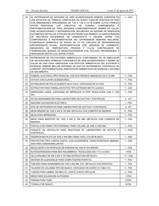 66 (Tercera Sección) DIARIO OFICIAL Lunes 22 de agosto de 2011 
18 EL ENTRENADOR DE SISTEMAS DE AIRE ACONDICIONADO DEBERA CONSISTIR EN 
UNA ESTACION DE TRABAJO CONSTRUIDA EN ACERO TUBULAR MONTADA EN PISO 
CON DIMENSIONES APROXIMADAS DE 1.85 X 1.85 X 0.8 M SOBRE CUYOS PANELES 
ESTEN MONTADOS LOS CIRCUITOS DE TUBERIA, COMPONENTES E 
INSTRUMENTACION DE TRES SISTEMAS COMPLEMENTARIOS: BOMBA DE CALOR, 
AIRE ACONDICIONADO Y REFRIGERACION. INCORPORA UN SISTEMA DE INSERCION 
AUTOMATICA DE FALLAS A TRAVES DE SOFTWARE QUE PERMITA LA CONFIGURACION 
DE MULTIPLES ESCENARIOS DE DIAGNOSTICO Y PRUEBA. ENTRE LOS 
COMPONENTES E INSTRUMENTACION DEL ENTRENADOR DEBERAN INCLUIRSE: 
COMPRESOR HERMETICO DE MENOS DE 1/2 HP; CIRCUITO DE REFRIGERACION 
(REFRIGERANTE R134A); INSTRUMENTACION CON: MEDIDOR DE CORRIENTE; 
MEDIDORES DE TEMPERATURA, PRESION Y FLUJO; CONTROLADOR DE 
TEMPERATURA BASADO EN MICROPROCESADOR CON TECLADO PROGRAMABLE Y 
DESPLIEGUE DIGITAL LCD, ENTRE OTROS. 
1 – JGO 
19 ENTRENADOR DE APLICACIONES AMBIENTALES, CONFORMADO DE UN SIMULADOR 
DE APLICACIONES TERMICAS FUNCIONALES DE AIRE ACONDICIONADO Y BOMBA DE 
CALOR DE UNA CASA HABITACION CON EFECTOS AMBIENTALES DEL EXTERIOR E 
INTERIOR. DEBERA INCLUIR SISTEMAS DE DUCTOS REVERSIBLES, CONTROLES DE 
CONFORT, INSTRUMENTACION, DISPOSITIVOS AMBIENTALES DE ENTRADA Y SISTEMA 
DE AISLAMIENTO. 
1 – JGO 
20 ESMERIL ELECTRICO TIPO PEDESTAL CON DOS PIEDRAS ABRASIVAS 254 X 19 MM 1 – PZA 
21 ESTUFA CON CUATRO QUEMADORES 1 – PZA 
22 EXTINGUIDOR DE POLVO QUIMICO SECO A.B.C. CAPACIDAD DE 8.5 KGS. 2 – PZA 
23 EXTRACTOR PARA TORNILLOS ROTOS TIPO ESTRIADO RECTO (JUEGO). 1 – JGO 
24 IMPRESORA LASER, CAPACIDAD DE IMPRESION 23 PPM, RESOLUCION 1200 X 1200 
DPI. 
1 – PZA 
25 KIT DE HERRAMIENTAS PARA LABORATORIO DE DUCTOS Y CONTROLES. 2 – KIT 
26 MAQUINA SOLDADORA ELECTRICA. 1 - PZA 
27 KITE DE INSTRUMENTOS PARA LABORATORIO DE DUCTOS Y CONTROLES. 2 - KIT 
28 MESA BINARIA DE 1200 X 400 X 750 MM. METALICA CON CUBIERTA DE MADERA 8 – PZA 
29 MESA PARA IMPRESORA 1 – PZA 
30 MESA PARA MAESTRO DE 1200 X 600 X 750 MM, METALICA CON CUBIERTA DE 
MADERA. 
1 – PZA 
31 PANTALLA DE PARED TIPO PERSIANA, PARA COLGAR, DE 2000 X 2000 MM. 1 – PZA 
32 PAQUETE DE ARTICULOS PARA PRACTICAS DE LABORATORIO DE DUCTOS Y 
CONTROLES. 
1 – PAQ 
33 PIZARRON METALICO DE 3000 X 900 MM, ESMALTADO, COLOR BLANCO. 1 – PZA 
34 PROYECTOR (TIPO CAÑON) DIGITAL CON ACCESORIOS. CARACTERISTICAS MINIMAS: 
2000 ANSI LUMENS/BRILLANTES. 
1 – PZA 
35 REGULADOR CON RESPALDO DE ENERGIA DE 1500 W (NO BREAK). 1 – PZA 
36 RUTEADOR/MODEM PARA RED INALAMBRICA. TECNOLOGIA 802.11 G 2.4 GHZ. 1-PZA 
37 SILLA APILABLE DE 495 X 567 X 767 MM, ESTRUCTURA METALICA. 17 – PZA 
39 SISTEMA DE ALMACENAJE PARA COMPUTADORA PORTATIL. 1 - PZA 
40 TABLERO PARA HERRAMIENTAS 1200 X 900 MM. EST. METALICA CON PERFOCEL. 1 – PZA 
41 TALADRO DE COLUMNA TIPO DE BANCO, CAPACIDAD EN ACERO 12.7 MM (1/2’). 1 – PZA 
42 TIJERAS PARA LAMINA, 254 MM (10’), CORTE CURVO CIRCULAR. 2 – PZA 
43 MESA PARA SOLDADURA AUTOGENA. 1-PZA 
44 PRENSA PARA TUBO. 2-PZA 
45 TORNILLO DE BANCO. 6-PZA 
 