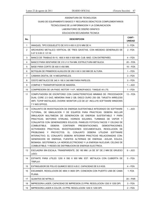 Lunes 22 de agosto de 2011 DIARIO OFICIAL (Tercera Sección) 67 
ASIGNATURA DE TECNOLOGIA 
GUIAS DE EQUIPAMIENTO BASICO Y RECURSOS DIDACTICOS COMPLEMENTARIOS 
TECNOLOGIAS DE LA INFORMACION Y LA COMUNICACION 
LABORATORIO DE DISEÑO GRAFICO 
EDUCACION SECUNDARIA TECNICA 
No. DESCRIPCION 
CANT-UNIDAD 
1 ANAQUEL TIPO ESQUELETO DE 915 X 450 X 2210 MM DE H. 3 - PZA 
2 ARCHIVERO METALICO VERTICAL DE TRES GAVETAS, CON MEDIDAS GENERALES DE 
0.47 X 0.65 X 1.01 M. 
2 - PZA 
3 BANCO DE TRABAJO B-15, 1800 X 800 X 600 MM. CUB. MAD. CON ENTREPAÑO. 4 – PZA 
4 BANCO PARA SENTARSE DE 310 ∅ X 704 MM, ESTRUCTURA METALICA. 20 – PZA 
5 BASE PARA CORTE DE 600 X 450 MM. 16 – PZA 
6 BOTIQUIN DE PRIMEROS AUXILIOS DE 250 X 80 X 300 MM DE ALTURA. 1 – PZA 
7 CAMARA DIGITAL DE 14 MEGAPIXELES. 3 – PZA 
8 CESTO METALICO DE 340 X 190 X 340 MM PARA PAPELES. 3 – PZA 
9 COMPAS Y TRANSPORTADOR DE MADERA. 1 – JGO 
10 COMPRESORA DE UN PASO, MOTOR 1 H.P., MONOFASICO, TANQUE 45 LTS. 1 – PZA 
11 COMPUTADORA DE ESCRITORIO CON CARACTERISTICAS MINIMAS DE: PROCESADOR 
DUAL CORE 2.5 GHZ; MEMORIA RAM 2 GB; DISCO DURO 250 GB; TARJETA WIRELESS 
WIFI, TCP/IP INSTALADO, DVDRW; MONITOR LCD DE 22”. INCLUYE SOFTWARE WINDOWS 
7 Y M/S OFFICE. 
13 – PZA 
12 CONJUNTO DE INVESTIGACION DE ENERGIA SUSTENTABLE INTEGRADO DE SOFTWARE 
TUTORIAL, DE SIMULACION Y DE EQUIPOS PARA PRACTICAS. DEBERA INCLUIR 
SIMULADOR MULTIMEDIA DE GENERACION DE ENERGIA SUSTENTABLE Y PARA 
PRACTICAS, MOTORES STIRLING, HORNOS SOLARES, TURBINAS DE VAPOR Y 
CONJUNTOS CON GENERADORES EOLICOS, PANELES FOTOVOLTAICOS Y CELDAS DE 
COMBUSTIBLE. DEBERA CONTENER PRESENTACIONES, DEMOSTRACIONES, 
ACTIVIDADES PRACTICAS, INVESTIGACIONES DOCUMENTALES, RESOLUCION DE 
PROBLEMAS Y PROYECTOS. EL CONJUNTO DEBERA UTILIZAR SOFTWARE 
INTERACTIVO. EL CONJUNTO DEBERA INTEGRAR PRACTICAS RELACIONADAS CON: 
GENERACION DE ENERGIA; FUENTES ALTERNAS DE ENERGIA –SOLAR, EOLICA, 
BIOMASA, GEOTERMICA; LA HIDROELECTRICIDAD Y LA ENERGIA NUCLEAR; CELDAS DE 
COMBUSTIBLE; Y REDES DE DISTRIBUCION DE ENERGIA ELECTRICA. 
1 – JGO 
13 ESCUADRA SIN ESCALA, TRANSPARENTE, DE 180 MM. LA DE 30° DE 2 MM DE GRUESO 
(JGO) 
6 – JGO 
14 ESTANTE PARA UTILES 1200 X 590 X 900 MM. EST. METALICA CON CUBIERTA DE 
TRIPLAY. 
5 – PZA 
15 EXTINGUIDOR DE POLVO QUIMICO SECO A.B.C. CAPACIDAD DE 8.5 KGS. 4 – PZA 
16 ESCANNER, RESOLUCION DE 4800 X 9600 DPI. CONEXION CON PUERTO USB DE CAMA 
PLANA. 
1- PZA 
17 GUANTES DE NITRILO. 20 – PAR 
18 IMPRESORA LASER, CAPACIDAD DE IMPRESION 23 PPM, RESOLUCION 1200 X 1200 DPI. 3 – PZA 
19 IMPRESORA LASER A COLOR, 23 PPM, RESOLUCION 1200 X 1200 DPI. 2 – PZA 
 