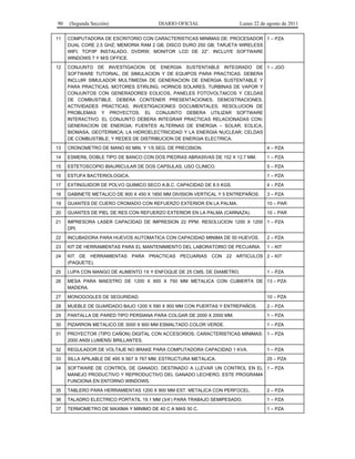90 (Segunda Sección) DIARIO OFICIAL Lunes 22 de agosto de 2011 
11 COMPUTADORA DE ESCRITORIO CON CARACTERISTICAS MINIMAS DE: PROCESADOR 
DUAL CORE 2.5 GHZ; MEMORIA RAM 2 GB; DISCO DURO 250 GB; TARJETA WIRELESS 
WIFI, TCP/IP INSTALADO, DVDRW; MONITOR LCD DE 22”. INCLUYE SOFTWARE 
WINDOWS 7 Y M/S OFFICE. 
1 – PZA 
12 CONJUNTO DE INVESTIGACION DE ENERGIA SUSTENTABLE INTEGRADO DE 
SOFTWARE TUTORIAL, DE SIMULACION Y DE EQUIPOS PARA PRACTICAS. DEBERA 
INCLUIR SIMULADOR MULTIMEDIA DE GENERACION DE ENERGIA SUSTENTABLE Y 
PARA PRACTICAS, MOTORES STIRLING, HORNOS SOLARES, TURBINAS DE VAPOR Y 
CONJUNTOS CON GENERADORES EOLICOS, PANELES FOTOVOLTAICOS Y CELDAS 
DE COMBUSTIBLE. DEBERA CONTENER PRESENTACIONES, DEMOSTRACIONES, 
ACTIVIDADES PRACTICAS, INVESTIGACIONES DOCUMENTALES, RESOLUCION DE 
PROBLEMAS Y PROYECTOS. EL CONJUNTO DEBERA UTILIZAR SOFTWARE 
INTERACTIVO. EL CONJUNTO DEBERA INTEGRAR PRACTICAS RELACIONADAS CON: 
GENERACION DE ENERGIA; FUENTES ALTERNAS DE ENERGIA – SOLAR, EOLICA, 
BIOMASA, GEOTERMICA; LA HIDROELECTRICIDAD Y LA ENERGIA NUCLEAR; CELDAS 
DE COMBUSTIBLE; Y REDES DE DISTRIBUCION DE ENERGIA ELECTRICA. 
1 – JGO 
13 CRONOMETRO DE MANO 60 MIN. Y 1/5 SEG. DE PRECISION. 4 – PZA 
14 ESMERIL DOBLE TIPO DE BANCO CON DOS PIEDRAS ABRASIVAS DE 152 X 12.7 MM. 1 – PZA 
15 ESTETOSCOPIO BIAURICULAR DE DOS CAPSULAS, USO CLINICO. 5 – PZA 
16 ESTUFA BACTERIOLOGICA. 1 – PZA 
17 EXTINGUIDOR DE POLVO QUIMICO SECO A.B.C. CAPACIDAD DE 8.5 KGS. 4 – PZA 
18 GABINETE METALICO DE 900 X 450 X 1850 MM DIVISION VERTICAL Y 5 ENTREPAÑOS. 3 – PZA 
19 GUANTES DE CUERO CROMADO CON REFUERZO EXTERIOR EN LA PALMA. 10 – PAR 
20 GUANTES DE PIEL DE RES CON REFUERZO EXTERIOR EN LA PALMA (CARNAZA). 10 – PAR 
21 IMPRESORA LASER CAPACIDAD DE IMPRESION 22 PPM. RESOLUCION 1200 X 1200 
DPI. 
1 – PZA 
22 INCUBADORA PARA HUEVOS AUTOMATICA CON CAPACIDAD MINIMA DE 50 HUEVOS. 2 – PZA 
23 KIT DE HERRAMIENTAS PARA EL MANTENIMIENTO DEL LABORATORIO DE PECUARIA. 1 – KIT 
24 KIT DE HERRAMIENTAS PARA PRACTICAS PECUARIAS CON 22 ARTICULOS 
(PAQUETE). 
2 – KIT 
25 LUPA CON MANGO DE AUMENTO 1X Y ENFOQUE DE 25 CMS. DE DIAMETRO. 1 – PZA 
26 MESA PARA MAESTRO DE 1200 X 600 X 750 MM METALICA CON CUBIERTA DE 
MADERA. 
13 – PZA 
27 MONOGOGLES DE SEGURIDAD. 10 – PZA 
28 MUEBLE DE GUARDADO BAJO 1200 X 590 X 900 MM CON PUERTAS Y ENTREPAÑOS. 2 – PZA 
29 PANTALLA DE PARED TIPO PERSIANA PARA COLGAR DE 2000 X 2000 MM. 1 – PZA 
30 PIZARRON METALICO DE 3000 X 900 MM ESMALTADO COLOR VERDE. 1 – PZA 
31 PROYECTOR (TIPO CAÑON) DIGITAL CON ACCESORIOS. CARACTERISTICAS MINIMAS: 
2000 ANSI LUMENS/ BRILLANTES. 
1 – PZA 
32 REGULADOR DE VOLTAJE NO BRAKE PARA COMPUTADORA CAPACIDAD 1 KVA. 1 – PZA 
33 SILLA APILABLE DE 495 X 567 X 767 MM, ESTRUCTURA METALICA. 25 – PZA 
34 SOFTWARE DE CONTROL DE GANADO, DESTINADO A LLEVAR UN CONTROL EN EL 
MANEJO PRODUCTIVO Y REPRODUCTIVO DEL GANADO LECHERO. ESTE PROGRAMA 
FUNCIONA EN ENTORNO WINDOWS. 
1 – PZA 
35 TABLERO PARA HERRAMIENTAS 1200 X 900 MM EST. METALICA CON PERFOCEL. 2 – PZA 
36 TALADRO ELECTRICO PORTATIL 19.1 MM (3/4’) PARA TRABAJO SEMIPESADO. 1 – PZA 
37 TERMOMETRO DE MAXIMA Y MINIMO DE 40 C A MAS 50 C. 1 – PZA 
 