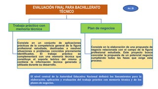 EVALUACIÓN FINAL PARA BACHILLERATO
TÉCNICO
Trabajo práctico con
memoria técnica
Consiste en un conjunto de aplicaciones
prácticas de la competencia general de la figura
profesional estudiada, destinadas a resolver
situaciones o problemas concretos previamente
identificados. El trabajo práctico se
complementará con una memoria técnica que
constituye el soporte teórico del mismo y
contiene la información técnica generada y
utilizada durante su desarrollo.
Plan de negocios
Consiste en la elaboración de una propuesta de
negocio relacionada con el campo de la figura
profesional estudiada. Este proyecto busca
concretar la propuesta de un potencial negocio
cumpliendo todas las fases que exige este
proceso.
Art. 20
El nivel central de la Autoridad Educativa Nacional definirá los lineamientos para la
elaboración, aplicación y evaluación del trabajo práctico con memoria técnica y de los
planes de negocios.
 