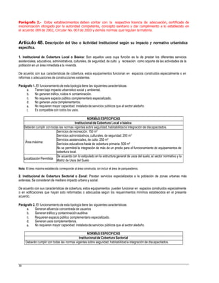 Parágrafo 2.- Estos establecimientos deben contar con la respectiva licencia de adecuación, certificado de
insonorización otorgado por la autoridad competente, concepto sanitario y dar cumplimiento a lo establecido en
el acuerdo 009 de 2002, Circular No. 007 de 2003 y demás normas que regulan la materia.
Artículo 48. Descripción del Uso o Actividad Institucional según su impacto y normativa urbanística
especifica.
1. Institucional de Cobertura Local o Básica: Son aquellos usos cuya función es la de prestar los diferentes servicios
asistenciales, educativos, administrativos, culturales, de seguridad, de culto y recreación como soporte de las actividades de la
población en un área inmediata a la vivienda.
De acuerdo con sus características de cobertura, estos equipamientos funcionan en espacios construidos especialmente o en
reformas o adecuaciones de construcciones existentes.
Parágrafo 1. El funcionamientode esta tipología tiene las siguientes características:
a.
b.
c.
d.
e.
f.
Tienen bajo impacto urbanístico social y ambiental.
No generan tráfico, ruidos ni contaminación.
No requiere espacio público complementario especializado.
No generan usos complementarios.
No requieren mayor capacidad instalada de servicios públicos que el sector aledaño.
Es compatible con todos los usos.
Servicios educativos hasta de cobertura primaria: 500 m²
Matriz de Usos del Suelo
Nota: El área máxima establecida corresponde al área construida, sin incluir el área de parqueaderos.
2. Institucional de Cobertura Sectorial o Zonal: Prestan servicios especializados a la población de zonas urbanas más
extensas. Se consideran de mediano impacto urbano y social.
De acuerdo con sus características de cobertura, estos equipamientos pueden funcionar en espacios construidos especialmente
o en edificaciones que hayan sido reformadas o adecuadas según los requerimientos mínimos establecidos en el presente
acuerdo.
Parágrafo 2. El funcionamientode esta tipología tiene las siguientes características:
a.
b.
c.
d.
e.
Generan afluencia concentrada de usuarios
Generan tráfico y contaminación auditiva
Requieren espacio público complementario especializado.
Generan usos complementarios.
No requieren mayor capacidad instalada de servicios públicos que el sector aledaño.
30
NORMAS ESPECIFICAS
Institucionalde Cobertura Sectorial
Deberán cumplir con todas las normas vigentes sobre seguridad, habitabilidad e integración de discapacitados.
NORMAS ESPECIFICAS
Institucionalde Cobertura Local o básica
Deberán cumplir con todas las normas vigentes sobre seguridad, habitabilidad e integración de discapacitados.
Área máxima:
Servicios de recreación: 150 m²
Servicios administrativos, culturales, de seguridad: 200 m²
Servicios asistenciales, de culto: 250 m²
No se permitirá la integración de más de un predio para el funcionamiento de equipamientos de
cobertura local.
Localización Permitida
De acuerdo con lo estipulado en la estructura general de usos del suelo, el sector normativo y la
 