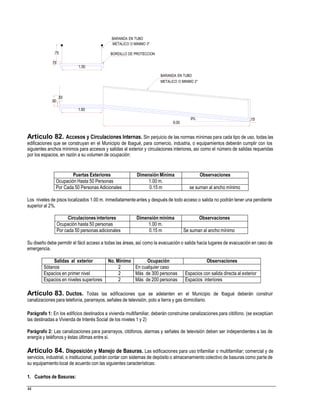 BARANDA EN TUBO
METALICO O MINIMO 3"
.75 BORDILLO DE PROTECCION
.15
BARANDA EN TUBO
METALICO O MINIMO 3"
.50
.90
.15
9.00
Artículo 82. Accesos y Circulaciones Internas. Sin perjuicio de las normas mínimas para cada tipo de uso, todas las
edificaciones que se construyan en el Municipio de Ibagué, para comercio, industria, o equipamientos deberán cumplir con los
siguientes anchos mínimos para accesos y salidas al exterior y circulaciones interiores, así como el número de salidas requeridas
por los espacios, en razón a su volumen de ocupación:
Los niveles de pisos localizados 1.00 m. inmediatamenteantes y después de todo acceso o salida no podrán tener una pendiente
superior al 2%.
Su diseño debe permitir el fácil acceso a todas las áreas, así como la evacuación o salida hacia lugares de evacuación en caso de
emergencia.
Artículo 83. Ductos. Todas las edificaciones que se adelanten en el Municipio de Ibagué deberán construir
canalizaciones para telefonía, pararrayos, señales de televisión, polo a tierra y gas domiciliario.
Parágrafo 1: En los edificios destinados a vivienda multifamiliar, deberán construirse canalizaciones para citófono. (se exceptúan
las destinadas a Vivienda de Interés Social de los niveles 1 y 2)
Parágrafo 2: Las canalizaciones para pararrayos, citófonos, alarmas y señales de televisión deben ser independientes a las de
energía y teléfonos y éstas últimas entre sí.
Artículo 84. Disposición y Manejo de Basuras. Las edificaciones para uso trifamiliar o multifamiliar; comercial y de
servicios, industrial, o institucional, podrán contar con sistemas de depósito o almacenamiento colectivo de basuras como parte de
su equipamiento local de acuerdo con las siguientes características:
1. Cuartos de Basuras:
44
Salidas al exterior No. Mínimo Ocupación Observaciones
Sótanos 2 En cualquier caso
Espacios en primer nivel 2 Más de 300 personas Espacios con salida directa al exterior
Espacios en niveles superiores 2 Más de 200 personas Espacios interiores
Circulacionesinteriores Dimensión mínima Observaciones
Ocupación hasta 50 personas 1.00 m.
Por cada 50 personas adicionales 0.15 m Se suman al ancho mínimo
Puertas Exteriores Dimensión Mínima Observaciones
Ocupación Hasta 50 Personas 1.00 m.
Por Cada 50 Personas Adicionales 0.15 m se suman al ancho mínimo
.
9%
1.50
1.50
 