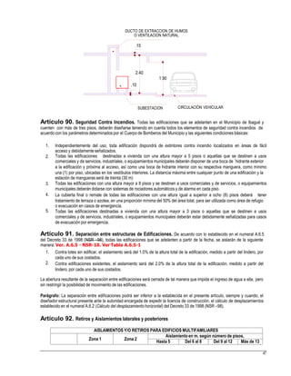 DUCTO DE EXTRACCION DE HUMOS
O VENTILACION NATURAL
.15
1.90
CIRCULACIÓN VEHICULARSUBESTACION
Artículo 90. Seguridad Contra Incendios. Todas las edificaciones que se adelanten en el Municipio de Ibagué y
cuenten con más de tres pisos, deberán diseñarse teniendo en cuenta todos los elementos de seguridad contra incendios de
acuerdo con los parámetros determinados por el Cuerpo de Bomberos del Municipio y las siguientes condiciones básicas:
1. Independientemente del uso, toda edificación dispondrá de extintores contra incendio localizados en áreas de fácil
acceso y debidamente señalizados.
Todas las edificaciones destinadas a vivienda con una altura mayor a 5 pisos o aquellas que se destinen a usos
comerciales y de servicios, industriales, o equipamientos municipales deberán disponer de una boca de ´hidrante exterior
a la edificación y próxima al acceso, así como una boca de hidrante interior con su respectiva manguera, como mínimo
una (1) por piso, ubicadas en los vestíbulos interiores. La distancia máxima entre cualquier punto de una edificación y la
estación de mangueras será de treinta (30 m)
Todas las edificaciones con una altura mayor a 8 pisos y se destinen a usos comerciales y de servicios, o equipamientos
municipales deberán dotarse con sistemas de rociadores automáticos y de alarma en cada piso.
La cubierta final o remate de todas las edificaciones con una altura igual a superior a ocho (8) pisos deberá tener
tratamiento de terraza o azotea, en una proporción mínima del 50% del área total, para ser utilizada como área de refugio
o evacuación en casos de emergencia.
Todas las edificaciones destinadas a vivienda con una altura mayor a 3 pisos o aquellas que se destinen a usos
comerciales y de servicios, industriales, o equipamientos municipales deberán estar debidamente señalizadas para casos
de evacuación por emergencia.
2.
3.
4.
5.
Artículo 91. Separación entre estructuras de Edificaciones. De acuerdo con lo establecido en el numeral A.6.5
del Decreto 33 de 1998 (NSR –98), todas las edificaciones que se adelanten a partir de la fecha, se aislarán de la siguiente
manera: Ver. A.6.5 - NSR-10. Ver Tabla A.6.5-1
1. Contra lotes sin edificar, el aislamiento será del 1.0% de la altura total de la edificación, medido a partir del lindero, por
cada uno de sus costados.
Contra edificaciones existentes, el aislamiento será del 2.0% de la altura total de la edificación, medido a partir del
lindero, por cada uno de sus costados.
2.
La abertura resultante de la separación entre edificaciones será cerrada de tal manera que impida el ingreso de agua a ella, pero
sin restringir la posibilidad de movimiento de las edificaciones.
Parágrafo: La separación entre edificaciones podrá ser inferior a la establecida en el presente artículo, siempre y cuando, el
diseñador estructural presente ante la autoridad encargada de expedir la licencia de construcción, el cálculo de desplazamientos
establecido en el numeral A.6.2 (Cálculo del desplazamientohorizontal) del Decreto 33 de 1998 (NSR –98).
Artículo 92. Retiros y Aislamientos laterales y posteriores
47
AISLAMIENTOS Y/O RETIROS PARA EDIFICIOS MULTIFAMILIARES
Zona 1 Zona 2
Aislamiento en m. según número de pisos,
Hasta 5 Del 6 al 8 Del 9 al 12 Más de 13
2.40
.10
 