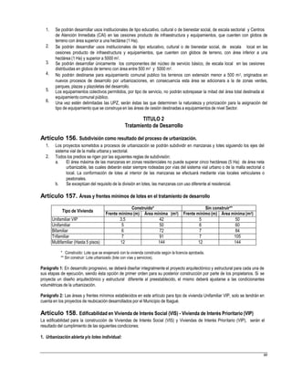 1. Se podrán desarrollar usos institucionales de tipo educativo, cultural o de bienestar social, de escala sectorial y Centros
de Atención Inmediata (CAI) en las cesiones producto de infraestructura y equipamientos, que cuenten con globos de
terreno con área superior a una hectárea (1 Ha).
Se podrán desarrollar usos institucionales de tipo educativo, cultural o de bienestar social, de escala local en las
cesiones producto de infraestructura y equipamientos, que cuenten con globos de terreno, con área inferior a una
hectárea (1 Ha) y superior a 5000 m2.
Se podrán desarrollar únicamente los componentes del núcleo de servicio básico, de escala local en las cesiones
distribuidas en globos de terreno con área entre 500 m2 y 5000 m2.
No podrán destinarse para equipamiento comunal publico los terrenos con extensión menor a 500 m2, originados en
nuevos procesos de desarrollo por urbanizaciones, en consecuencia esta área se adicionara a la de zonas verdes,
parques, plazas y plazoletas del desarrollo.
Los equipamientos colectivos permitidos, por tipo de servicio, no podrán sobrepasar la mitad del área total destinada al
equipamiento comunal público.
Una vez estén delimitadas las UPZ, serán éstas las que determinen la naturaleza y priorización para la asignación del
tipo de equipamiento que se construya en las áreas de cesión destinadas a equipamientos de nivel Sector.
2.
3.
4.
5.
6.
TITULO 2
Tratamiento de Desarrollo
Artículo 156. Subdivisión como resultado del proceso de urbanización.
1. Los proyectos sometidos a procesos de urbanización se podrán subdividir en manzanas y lotes siguiendo los ejes del
sistema vial de la malla urbana y sectorial.
Todos los predios se rigen por las siguientes reglas de subdivisión:2.
a. El área máxima de las manzanas en zonas residenciales no puede superar cinco hectáreas (5 Ha) de área neta
urbanizable, las cuales deberán estar siempre rodeadas por vías del sistema vial urbano o de la malla sectorial o
local. La conformación de lotes al interior de las manzanas se efectuará mediante vías locales vehiculares o
peatonales.
Se exceptúan del requisito de la división en lotes, las manzanas con uso diferente al residencial.b.
Artículo 157. Áreas y frentes mínimos de lotes en el tratamiento de desarrollo
* Construido: Lote que se enajenará con la vivienda construida según la licencia aprobada.
** Sin construir: Lote urbanizado (lote con vías y servicios).
Parágrafo 1: En desarrollo progresivo, se deberá diseñar integralmente el proyecto arquitectónico y estructural para cada una de
sus etapas de ejecución, siendo ésta opción de primer orden para su posterior construcción por parte de los propietarios. Si se
proyecta un diseño arquitectónico y estructural diferente al preestablecido, el mismo deberá ajustarse a las condicionantes
volumétricas de la urbanización.
Parágrafo 2: Las áreas y frentes mínimos establecidos en este artículo para tipo de vivienda Unifamiliar VIP, solo se tendrán en
cuenta en los proyectos de reubicación desarrollados por el Municipio de Ibagué.
Artículo 158. Edificabilidad en Vivienda de Interés Social (VIS) - Vivienda de Interés Prioritario (VIP)
La edificabilidad para la construcción de Viviendas de Interés Social (VIS) y Viviendas de Interés Prioritario (VIP), serán el
resultado del cumplimiento de las siguientes condiciones:
1. Urbanización abierta y/o loteo individual:
69
Tipo de Vivienda
Construido* Sin construir**
Frente mínimo (m) Área mínima (m2) Frente mínimo (m) Área mínima (m2)
Unifamiliar VIP 3,5 42 5 50
Unifamiliar 5 50 6 60
Bifamiliar 6 72 7 84
Trifamiliar 7 91 7 105
Multifamiliar (Hasta 5 pisos) 12 144 12 144
 