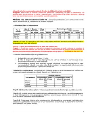 Aclaración a la Norma efectuada mediante Circular No. 005 de 14 de Febrero de 2003:
Parágrafo: Para el caso de viviendas unifamiliares, bifamiliares y trifamiliares, en todos los tratamientos, si el
perfil vial sobre la cual se ubican es inferior a once metros (11 m), la edificación se deberá retroceder a partir del
tercer piso la distancia necesaria para completar la sección establecida.
Artículo 166. Edificabilidad en Vivienda NO-VIS. Las exigencias de edificabilidad para la construcción de vivienda
NO-VIS, serán el resultado del cumplimiento de las siguientes condiciones:
1. Urbanización abierta y/o loteo individual:
Aclaración a la Norma efectuada mediante Circular No. 005 de 14 de Febrero de 2003:
Parágrafo 1: El medio piso prescrito en la tabla anterior corresponde a un semisótano que ayude a solucionar las necesidades de
parqueaderos al interior de la edificación. Para estos tipos de vivienda, el índice de ocupación en primer piso, sótano o semisótano, en
desarrollos cuyo uso sea exclusivamente parqueaderos y/o locales comerciales, podrá ser de uno (1.00). Ver Circular No. 46 de Nov 11 2011
La vivienda multifamiliar deberá cumplir los siguientes requisitos:
 La altura máxima será de cinco punto cinco ( 5.5 ) pisos
 El Índice de Ocupación será de uno (1.00) en primer piso, sótano o semisótano en desarrollos cuyo uso sea
exclusivamente parqueaderosy/o locales comerciales.
 Todos los espacios habitables deben ventilarse e iluminarse naturalmente, con un patio de área mínima de nueve
metros cuadrados (9 m2) y lado menor de tres metros (3 m), sin contravenir los requerimientos de aislamientos y retiros
exigidos por la presente Normativa, si genera servidumbre de vista.
2.Urbanización o conjunto cerrado: La edificabilidad para el desarrollo de cada uno de los tipos de vivienda es la definida en el
numeral anterior, a partir de los siguientes Índices de Ocupación para el globo de terreno:
Parágrafo 2: En desarrollos mixtos se aplicará el índice de ocupación promedio de los diferentes tipos de unidades de vivienda.
Parágrafo 3: El porcentaje restante de la ocupación del terreno será área privada destinada a vías y parqueaderos para visitantes
sin afectar el área para zonas verdes, parques, plazas, plazoletas y equipamientos, que deberá ser como mínimo de 15 m2 por
unidad de vivienda; independientede las cesiones locales.
Parágrafo 4: El sistema vial al interior de los conjuntos cerrados deberá garantizar el acceso a cada una de las unidades
habitacionales y podrá plantear una vía vehicular con una calzada mínima de seis metros (6 m), respetando los aislamientos y
retiros establecidos en la presente Normativa.
75
Tipo de vivienda
Índice de Ocupación
Con parqueadero privado al
interior de la vivienda
Con parqueadero privado al
exterior de la vivienda
Unifamiliar 0.80 0.65
Bifamiliar 0.75 0.55
Trifamiliar 0.70 0.50
Multifamiliar 0.60 0.40
Parágrafo 1: El medio piso prescrito en la tabla anterior corresponde a un semisótano destinado a solucionar los requerimientos
de parqueaderosal interior de la edificación.
Tipo de
vivienda
Índice de
ocupación
(I.O.)
Sección
Transversal
Vial Mínima
Altura
máxima
(pisos)
Iluminación y ventilación
Patios Patios adicionales
Área mín. (m2) Lado mín. (m) Área mín. (m2) Lado mín. (m)
Unifamiliar 85% 6 2.5 9.00 3.00 6.25 2.50
Bifamiliar 85% 8 3.5 9.00 3.00 6.25 2.50
Trifamiliar 85% 10 3.5 9.00 3.00 6.25 2.50
 