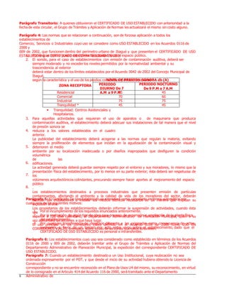 Parágrafo Transitorio: A quienes obtuvieron el CERTIFICADO DE USO ESTABLECIDO con anterioridad a la
fecha de esta circular, el Grupo de Trámites y Aplicación de Normas les actualizará el mismo sin costo alguno.
Parágrafo 4: Las normas que se relacionan a continuación, son de forzosa aplicación a todos los
establecimientos de
Comercio, Servicios o Industriales cuyo uso se considere como USO ESTABLECIDO en los Acuerdos 0116 de
2000 y
009 de 2002, que funcionen dentro del perímetro urbano de Ibagué y que presenten el CERTIFICADO DE USO
ESTABLECIDO ó el CERTIFICADO DE COMPATIBILIDAD DE USO:1.
2.
Por ningún motivo puede extenderse la actividad hacia el espacio público.
El sonido, para el caso de establecimientos con emisión de contaminación auditiva, deberá ser
siempre moderado y no exceder los niveles permitidos por la normatividad ambiental y su
trascendencia al exterior
deberá estar dentro de los límites establecidos por el Acuerdo 0042 de 2002 del Concejo Municipal de
Ibagué,
según la característica y el uso de los predios colindantes y del sector, a saber:
De 9 P.M a 7 A.M
 Tranquilidad: Centros Asistenciales y
Hospitalarios.
3. Para aquellas actividades que requieran el uso de aparatos o de maquinaria que produzca
contaminación auditiva, el establecimiento deberá adecuar sus instalaciones de tal manera que el nivel
de presión sonora se
reduzca a los valores establecidos en el cuadro
anterior.
La publicidad del establecimiento deberá acogerse a las normas que regulan la materia, evitando
siempre la proliferación de elementos que incidan en la agudización de la contaminación visual y
deterioren el medio
ambiente por su localización inadecuada o por diseños inapropiados que desfiguren la condición
volumétrica
de las
edificaciones.
La actividad generada deberá guardar siempre respeto por el entorno y sus moradores, lo mismo que la
presentación física del establecimiento, por lo menos en su parte exterior; ésta deberá ser respetuosa de
los
volúmenes arquitectónicos colindantes, procurando siempre hacer aportes al mejoramiento del espacio
público
.
Los establecimientos destinados a procesos industriales que presenten emisión de partículas
contaminantes, afectando el ambiente y la calidad de vida de los moradores del sector, deberán
adecuar sus instalaciones o instalar los medios técnicos necesarios de tal manera que impidan su
expulsión al aire.
Los propietarios de los estabIecimientos deberán informar la suspensión de actividades, cuando ésta
sea
superior a 120 días calendario, al Departamento Administrativo de Planeación Municipal, quien a su
vez adelantará las acciones a que haya lugar.
El uso principal en los corredores viales definido en el Acuerdo 0116 de 2000 como USO EN
CORREDORES VIALES, prevalece sobre el uso de las zonas que éstos atraviesen.
4.
5.
6.
7.
8.
Parágrafo 5: El Certificado De Uso Establecido se entenderá como cancelado en forma automática por
cualquiera de los siguientes motivos:
1.
2.
Por el incumplimiento de los requisitos enunciados anteriormente.
Por la realización de algún tipo de obra para proceso de expansión o ampliación de la planta física
del establecimiento.
Por cualquier transferencia de derechos diferente a las originadas como consecuencia de actos
sucesorios, a favor de un tercero por acto entre vivos sobre el establecimiento, dado que el
CERTIFICADO DE USO ESTABLECIDO es personal e intransferible.
3.
Parágrafo 6: Los establecimientos cuyo uso sea considerado como establecido en términos de los Acuerdos
0116 de 2000 y 009 de 2002, deberán tramitar ante el Grupo de Trámites y Aplicación de Normas del
Departamento Administrativo de Planeación Municipal, la expedición del correspondiente CERTIFICADO DE
USO ESTABLECIDO.
Parágrafo 7: Cuando un establecimiento destinado a un Uso Institucional, cuya reubicación no sea
ordenada expresamente por el POT, y que desde el inicio de su actividad hubiera obtenido la Licencia de
Construcción
correspondiente y no se encuentre reconocido en el Plano de Usos U4 del mismo, su reconocimiento, en virtud
de lo consignado en el Articulo 414 del Acuerdo 116 de 2000, será tramitado ante el Departamento
Administrativo de8
ZONA RECEPTORA
NIVEL DE PRESION SONORA db (A)
PERIODO
DIURNO De 7
A.M a 9 P.M
PERIODO NOCTURNO
Residencial 65 45
Comercial 70 60
Industrial 75 75
Tranquilidad * 45 45
 