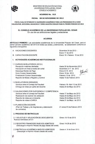 Acuerdo 015 del 08 de noviembre de 2012 calendario academico 2013 1