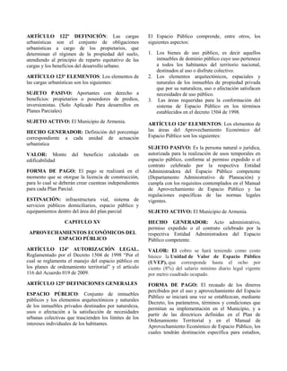 ARTÍCULO 122º DEFINICIÓN: Las cargas
urbanísticas son el conjunto de obligaciones
urbanísticas a cargo de los propietarios, que
determinan el régimen de la propiedad del suelo,
atendiendo al principio de reparto equitativo de las
cargas y los beneficios del desarrollo urbano.
ARTÍCULO 123º ELEMENTOS: Los elementos de
las cargas urbanísticas son los siguientes:
SUJETO PASIVO: Aportantes con derecho a
beneficios: propietarios o poseedores de predios,
inversionistas. (Solo Aplicado Para desarrollos en
Planes Parciales)
SUJETO ACTIVO: El Municipio de Armenia.
HECHO GENERADOR: Definición del porcentaje
correspondiente a cada unidad de actuación
urbanística
VALOR: Monto del beneficio calculado en
edificabilidad
FORMA DE PAGO: El pago se realizará en el
momento que se otorgue la licencia de construcción,
para lo cual se deberán crear cuenteas independientes
para cada Plan Parcial.
ESTINACIÓN: infraestructura vial, sistema de
servicios públicos domiciliarios, espacio público y
equipamientos dentro del área del plan parcial
CAPITULO XV
APROVECHAMIENTOS ECONÓMICOS DEL
ESPACIO PÚBLICO
ARTÍCULO 124º AUTORIZACIÓN LEGAL.
Reglamentado por el Decreto 1504 de 1998 “Por el
cual se reglamenta el manejo del espacio público en
los planes de ordenamiento territorial” y el artículo
116 del Acuerdo 019 de 2009.
ARTÍCULO 125º DEFINICIONES GENERALES
ESPACIO PÚBLICO: Conjunto de inmuebles
públicos y los elementos arquitectónicos y naturales
de los inmuebles privados destinados por naturaleza,
usos o afectación a la satisfacción de necesidades
urbanas colectivas que trascienden los límites de los
intereses individuales de los habitantes.
El Espacio Público comprende, entre otros, los
siguientes aspectos:
1. Los bienes de uso público, es decir aquellos
inmuebles de dominio público cuyo uso pertenece
a todos los habitantes del territorio nacional,
destinados al uso o disfrute colectivo.
2. Los elementos arquitectónicos, espaciales y
naturales de los inmuebles de propiedad privada
que por su naturaleza, uso o afectación satisfacen
necesidades de uso público.
3. Las áreas requeridas para la conformación del
sistema de Espacio Público en los términos
establecidos en el decreto 1504 de 1998.
ARTÍCULO 126º ELEMENTOS: Los elementos de
las áreas del Aprovechamiento Económico del
Espacio Público son los siguientes:
SUJETO PASIVO: Es la persona natural o jurídica,
autorizada para la realización de usos temporales en
espacio público, conforme al permiso expedido o el
contrato celebrado por la respectiva Entidad
Administradora del Espacio Público competente
(Departamento Administrativo de Planeación) y
cumpla con los requisitos contemplados en el Manual
de Aprovechamiento de Espacio Público y las
regulaciones específicas de las normas legales
vigentes.
SUJETO ACTIVO: El Municipio de Armenia.
HECHO GENERADOR: Acto administrativo,
permiso expedido o el contrato celebrado por la
respectiva Entidad Administradora del Espacio
Público competente.
VALOR: El cobro se hará teniendo como costo
básico la Unidad de Valor de Espacio Público
(UVEP), que corresponde hasta el ocho por
ciento (8%) del salario mínimo diario legal vigente
por metro cuadrado ocupado.
FORMA DE PAGO: El recaudo de los dineros
percibidos por el uso y aprovechamiento del Espacio
Público se iniciará una vez se establezcan, mediante
Decreto, los parámetros, términos y condiciones que
permitan su implementación en el Municipio, y a
partir de las directrices definidas en el Plan de
Ordenamiento Territorial y en el Manual de
Aprovechamiento Económico de Espacio Público, los
cuales tendrán destinación específica para estudios,
 