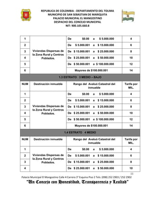 REPUBLICA DE COLOMBIA - DEPARTAMENTO DEL TOLIMA
                     MUNICIPIO DE SAN SEBASTIAN DE MARIQUITA
                         PALACIO MUNICIPAL EL MANGOSTINO
                          DESPACHO DEL CONCEJO MUNICIPAL
                                 NIT: 900.105.660.8



  1                                     De           $0.00     a    $ 5.000.000                4

  2                                     De     $ 5.000.001     a   $ 15.000.000                6

  3      Viviendas Dispersas de         De $ 15.000.001        a   $ 25.000.000                8
         la Zona Rural y Centros
  4            Poblados.                De $ 25.000.001        a   $ 50.000.000                10

  5                                     De $ 50.000.001        a $ 100.000.000                 12

  6                                           Mayores de $100.000.001                          14

                                1.3 ESTRATO 3 MEDIO – BAJO

NUM       Destinación inmueble               Rango del Avaluó Catastral del               Tarifa por
                                                       inmueble                             MIL.

  1                                     De           $0.00     a    $ 5.000.000                4

  2                                     De     $ 5.000.001     a   $ 15.000.000                6

  3      Viviendas Dispersas de         De $ 15.000.001        a   $ 25.000.000                8
         la Zona Rural y Centros
  4            Poblados.                De $ 25.000.001        a   $ 50.000.000                10

  5                                     De $ 50.000.001        a $ 100.000.000                 12

  6                                           Mayores de $100.000.001                          14

                                     1.4 ESTRATO 4 MEDIO

NUM       Destinación inmueble               Rango del Avaluó Catastral del               Tarifa por
                                                       inmueble                             MIL.

  1                                     De           $0.00     a    $ 5.000.000                4

  2      Viviendas Dispersas de         De     $ 5.000.001     a   $ 15.000.000                6
         la Zona Rural y Centros
  3            Poblados.                De $ 15.000.001        a   $ 25.000.000                8

  4                                     De $ 25.000.001        a   $ 50.000.000                10
                                                                                               11
Palacio Municipal El Mangostino Calle 4 Carrera 3° Esquina Piso 2 Tels: (098) 252 2903 / 252 2902
      “Un Concejo con Honestidad, Transparencia y Lealtad”
 
