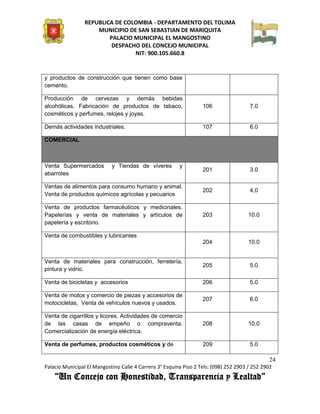 REPUBLICA DE COLOMBIA - DEPARTAMENTO DEL TOLIMA
                     MUNICIPIO DE SAN SEBASTIAN DE MARIQUITA
                         PALACIO MUNICIPAL EL MANGOSTINO
                          DESPACHO DEL CONCEJO MUNICIPAL
                                 NIT: 900.105.660.8


y productos de construcción que tienen como base
cemento.

Producción de cervezas y demás bebidas
alcohólicas. Fabricación de productos de tabaco,                   106                 7.0
cosméticos y perfumes, relojes y joyas.

Demás actividades industriales.                                    107                 6.0

COMERCIAL



Venta Supermercados         y Tiendas de víveres         y
                                                                   201                 3.0
abarrotes

Ventas de alimentos para consumo humano y animal.
                                                                   202                 4,0
Venta de productos químicos agrícolas y pecuarios

Venta de productos farmacéuticos y medicinales.
Papelerías y venta de materiales y artículos de                    203                 10.0
papelería y escritorio.

Venta de combustibles y lubricantes
                                                                   204                 10.0


Venta de materiales para construcción, ferretería,
                                                                   205                 5.0
pintura y vidrio.

Venta de bicicletas y accesorios                                   206                 5.0

Venta de motos y comercio de piezas y accesorios de
                                                                   207                 6.0
motocicletas, Venta de vehículos nuevos y usados.

Venta de cigarrillos y licores. Actividades de comercio
de las casas de empeño o compraventa.                              208                 10.0
Comercialización de energía eléctrica.

Venta de perfumes, productos cosméticos y de                       209                 5.0

                                                                                               24
Palacio Municipal El Mangostino Calle 4 Carrera 3° Esquina Piso 2 Tels: (098) 252 2903 / 252 2902
    “Un Concejo con Honestidad, Transparencia y Lealtad”
 