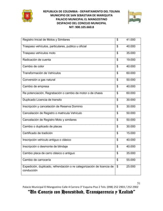 REPUBLICA DE COLOMBIA - DEPARTAMENTO DEL TOLIMA
                     MUNICIPIO DE SAN SEBASTIAN DE MARIQUITA
                         PALACIO MUNICIPAL EL MANGOSTINO
                          DESPACHO DEL CONCEJO MUNICIPAL
                                 NIT: 900.105.660.8


Registro Inicial de Motos y Similares                                         $       41.000

Traspaso vehículos, particulares, publico u oficial                           $       40.000

Traspaso vehículos moto                                                       $       35.000

Radicación de cuenta                                                          $       19.000

Cambio de color                                                               $       40.000

Transformación de Vehículos                                                   $       60.000

Conversión a gas natural                                                      $       50.000

Cambio de empresa                                                             $       40.000

Re potenciación, Regrabación o cambio de motor o de chasis                    $       60.000

Duplicado Licencia de transito                                                $       30.000

Inscripción y cancelación de Reserva Dominio                                  $       30.000

Cancelación de Registro o matricula Vehículo                                  $       50.000

Cancelación de Registro Moto y similares                                      $       50.000

Cambio o duplicado de placas                                                  $       30.000

Certificado de tradición                                                      $       15.000

Inscripción vehículo antiguo o clásico                                        $       40.000

Inscripción o desmonte de blindaje                                            $       40.000

Cambio placa de carro clásico o antiguo                                       $       35.000

Cambio de carrocería                                                          $       55.000

Expedición, duplicado, refrendación o re categorización de licencia de        $       25.000
conducción



                                                                                               51
Palacio Municipal El Mangostino Calle 4 Carrera 3° Esquina Piso 2 Tels: (098) 252 2903 / 252 2902
    “Un Concejo con Honestidad, Transparencia y Lealtad”
 