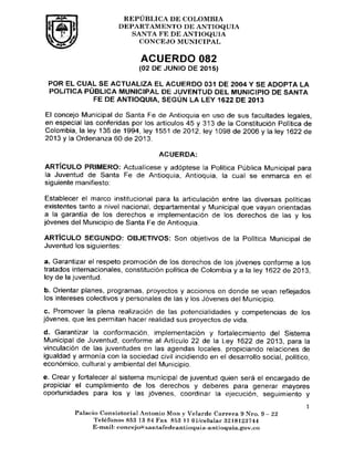 Acuerdo 082 del 2 de Junio de 2015 Actualización del Acuerdo 031 Politica Publica de Juventud