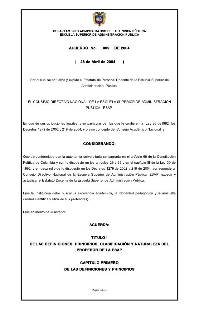 Acuerdo 009 de 2004 Estatuto de Personal Docente ESAP