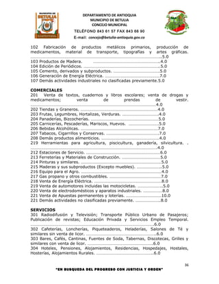 DEPARTAMENTO DE ANTIOQUIA
                            MUNICIPIO DE BETULIA
                             CONCEJO MUNICIPAL
                     TELÉFONO 843 61 57 FAX 843 66 90
                    E-mail: concejo@betulia-antioquia.gov.co

102 Fabricación de productos metálicos primarios, producción de
medicamentos, material de transporte, tipografías y artes gráficas.
…………………………………………………………………………………………………………..5.0
103 Productos de Madera.      ……………………………………………………..4.0
104 Edición de Periódicos. ……………………………………………………………..5.0
105 Cemento, derivados y subproductos. …………………………………….5.0
106 Generación de Energía Eléctrica. ……………………………………………7.0
107 Demás actividades industriales no clasificadas previamente.5.0

COMERCIALES
201 Venta de textos, cuadernos y libros escolares; venta de drogas y
medicamentos;          venta        de         prendas      de       vestir.
………………………………………………………………………………………………………4.0
202 Tiendas y Graneros. ………………………………………………………………4.0
203 Frutas, Legumbres, Hortalizas, Verduras. …………………………….4.0
204 Panaderías, Bizcocherías. ………………………………………………………5.0
205 Carnicerías, Pescaderías, Mariscos, Huevos. ……………………….5.0
206 Bebidas Alcohólicas. ………………………………………………………………7.0
207 Tabacos, Cigarrillos y Conservas. ………………………………………….7.0
208 Demás productos alimenticios. ………………………………………………4.0
219 Herramientas para agricultura, piscicultura, ganadería, silvicultura. .
……………………………………………………………………………………………………….4.0
212 Estaciones de Servicio. ……………………………………………………………6.0
213 Ferreterías y Materiales de Construcción. ………………………………5.0
214 Pinturas y similares. …………………………………………………………………5.0
215 Maderas y sus subproductos (Excepto muebles). …………………..5.0
216 Equipo para el Agro. …………………………………………………………………4.0
217 Gas propano y otros combustibles. …………………………………………7.0
218 Venta de Energía Eléctrica. ………………………………………………………8.0
219 Venta de automotores incluidas las motocicletas. …………………..5.0
220 Venta de electrodomésticos y aparatos industriales. ………………8.0
221 Venta de Apuestas permanentes y loterías. ……………………………10.0
221 Demás actividades no clasificadas previamente. …………………..8.0

SERVICIOS
301 Radiodifusión y Televisión; Transporte Público Urbano de Pasajeros;
Publicación de revistas; Educación Privada y Servicios Empleo Temporal.
…………………………………………………………………………………………………….6.0
302 Cafeterías, Loncherías, Piqueteaderos, Heladerías, Salones de Té y
similares sin venta de licor. ………………………………………………………..6.0
303 Bares, Cafés, Cantinas, Fuentes de Soda, Tabernas, Discotecas, Grilles y
similares con venta de licor. …………………………………………………….6.0
304 Hoteles, Pensiones, Alojamientos, Residencias, Hospedajes, Hostales,
Hosterías, Alojamientos Rurales. ……………………………………………..6.0

                                                                          36
            “EN BUSQUEDA DEL PROGRESO CON JUSTICIA Y ORDEN”
 