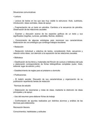 Situaciones comunicativas

• Lectura

- Lectura de textos en los que sea muy visible la estructura: título, subtítulos,
introducción, ideas centrales, ideas de apoyo

- Fragmentación de un texto en párrafos. Cambios a la secuencia de párrafos.
Observación de las relaciones causales

- Examen y discusión acerca de los aspectos gráficos de un texto y sus
significados (negritas, cursivas, pantallas, flechas, etcétera)

- Conocimiento de algunas antologías para reconocer sus características.
Elaboración de una antología que contenga trabajos escolares

• Redacción

- Redacción individual y colectiva de textos, considerando título, secuencia y
relación entre ideas, con atención a la exposición de las relaciones causales

• Biblioteca

- Clasificación de los libros y materiales del Rincón de Lectura o biblioteca del aula
y elaboración correspondiente de fichas bibliográficas completas (autor, título,
editorial, lugar de edición y año)

- Establecimiento de reglas para el préstamo a domicilio

• Publicaciones

- El boletín escolar. Discusión de sus características y organización de su
publicación repartiendo tareas de redacción

Técnicas de estudio

- Elaboración de resúmenes y notas de clase, mediante la distinción de ideas
principales y de apoyo

- Uso del resumen para elaborar fichas de trabajo

- Confrontación de apuntes realizados por distintos alumnos y análisis de las
técnicas para elaborarlos

Recreación literaria

Conocimientos, habilidades y actitudes
 