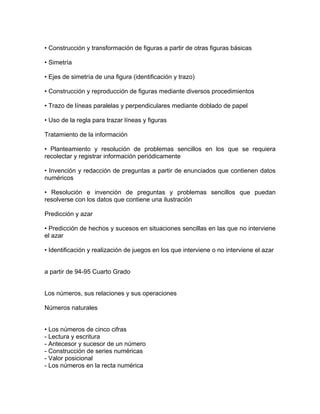 • Construcción y transformación de figuras a partir de otras figuras básicas

• Simetría

• Ejes de simetría de una figura (identificación y trazo)

• Construcción y reproducción de figuras mediante diversos procedimientos

• Trazo de líneas paralelas y perpendiculares mediante doblado de papel

• Uso de la regla para trazar líneas y figuras

Tratamiento de la información

• Planteamiento y resolución de problemas sencillos en los que se requiera
recolectar y registrar información periódicamente

• Invención y redacción de preguntas a partir de enunciados que contienen datos
numéricos

• Resolución e invención de preguntas y problemas sencillos que puedan
resolverse con los datos que contiene una ilustración

Predicción y azar

• Predicción de hechos y sucesos en situaciones sencillas en las que no interviene
el azar

• Identificación y realización de juegos en los que interviene o no interviene el azar


a partir de 94-95 Cuarto Grado


Los números, sus relaciones y sus operaciones

Números naturales


• Los números de cinco cifras
- Lectura y escritura
- Antecesor y sucesor de un número
- Construcción de series numéricas
- Valor posicional
- Los números en la recta numérica
 