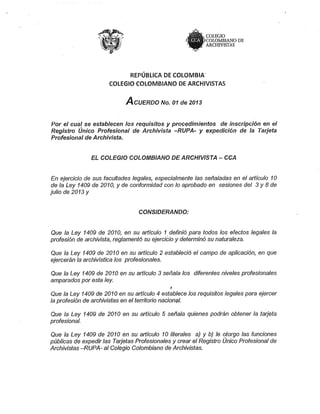 Acuerdo 1 de 2013 expedicion de la tarjeta profesional