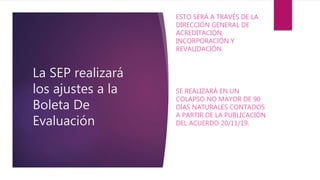 La SEP realizará
los ajustes a la
Boleta De
Evaluación
ESTO SERÁ A TRAVÉS DE LA
DIRECCIÓN GENERAL DE
ACREDITACIÓN,
INCORPORACIÓN Y
REVALIDACIÓN.
SE REALIZARÁ EN UN
COLAPSO NO MAYOR DE 90
DÍAS NATURALES CONTADOS
A PARTIR DE LA PUBLICACIÓN
DEL ACUERDO 20/11/19.
 