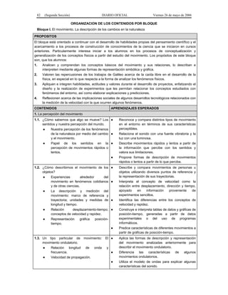 82    (Segunda Sección)                        DIARIO OFICIAL                   Viernes 26 de mayo de 2006

                           ORGANIZACION DE LOS CONTENIDOS POR BLOQUE
 Bloque I. El movimiento. La descripción de los cambios en la naturaleza

PROPOSITOS
El bloque está orientado a continuar con el desarrollo de habilidades propias del pensamiento científico y el
acercamiento a los procesos de construcción de conocimientos de la ciencia que se iniciaron en cursos
anteriores. Particularmente interesa iniciar a los alumnos en los procesos de conceptualización y
generalización de los conceptos físicos a partir del estudio del movimiento. Los propósitos de este bloque
son, que los alumnos:
1.    Analicen y comprendan los conceptos básicos del movimiento y sus relaciones, lo describan e
      interpreten mediante algunas formas de representación simbólica y gráfica.
2.    Valoren las repercusiones de los trabajos de Galileo acerca de la caída libre en el desarrollo de la
      física, en especial en lo que respecta a la forma de analizar los fenómenos físicos.
3.    Apliquen e integren habilidades, actitudes y valores durante el desarrollo de proyectos, enfatizando el
      diseño y la realización de experimentos que les permitan relacionar los conceptos estudiados con
      fenómenos del entorno, así como elaborar explicaciones y predicciones.
4.    Reflexionen acerca de las implicaciones sociales de algunos desarrollos tecnológicos relacionados con
      la medición de la velocidad con la que ocurren algunos fenómenos.
CONTENIDOS                                            APRENDIZAJES ESPERADOS
1. La percepción del movimiento
1.1. ¿Cómo sabemos que algo se mueve? Los ●               Reconoce y compara distintos tipos de movimiento
     sentidos y nuestra percepción del mundo.             en el entorno en términos de sus características
      ●    Nuestra percepción de los fenómenos            perceptibles.
           de la naturaleza por medio del cambio ●        Relaciona el sonido con una fuente vibratoria y la
           y el movimiento.                               luz con una luminosa.
      ●    Papel de los sentidos en la ●                  Describe movimientos rápidos y lentos a partir de
           percepción de movimientos rápidos o            la información que percibe con los sentidos y
           lentos.                                        valora sus limitaciones.
                                                      ●   Propone formas de descripción de movimientos
                                                          rápidos o lentos a partir de lo que percibe.
1.2. ¿Cómo describimos el movimiento de los ●             Describe y compara movimientos de personas u
     objetos?                                             objetos utilizando diversos puntos de referencia y
      ●    Experiencias         alrededor  del            la representación de sus trayectorias.
           movimiento en fenómenos cotidianos ●           Interpreta el concepto de velocidad como la
           y de otras ciencias.                           relación entre desplazamiento, dirección y tiempo,
      ●    La descripción y medición del                  apoyado     en    información   proveniente     de
           movimiento: marco de referencia y              experimentos sencillos.
           trayectoria; unidades y medidas de ●           Identifica las diferencias entre los conceptos de
           longitud y tiempo.                             velocidad y rapidez.
      ●    Relación      desplazamiento-tiempo; ●         Construye e interpreta tablas de datos y gráficas de
           conceptos de velocidad y rapidez.              posición-tiempo, generadas a partir de datos
      ●    Representación      gráfica   posición-        experimentales o del uso de programas
           tiempo.                                        informáticos.
                                                      ●   Predice características de diferentes movimientos a
                                                          partir de gráficas de posición-tiempo.
1.3. Un tipo particular de        movimiento:    El ●     Aplica las formas de descripción y representación
     movimiento ondulatorio.                              del movimiento analizadas anteriormente para
      ●    Relación longitud       de    onda     y       describir el movimiento ondulatorio.
           frecuencia.                                ●   Diferencia  las   características     de    algunos
      ●    Velocidad de propagación.                      movimientos ondulatorios.
                                                      ●   Utiliza el modelo de ondas para explicar algunas
                                                          características del sonido.
 