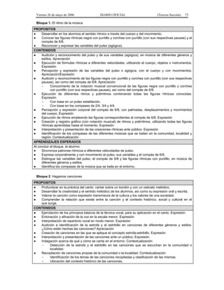 Viernes 26 de mayo de 2006                  DIARIO OFICIAL                          (Tercera Sección)   73

 Bloque 1. El ritmo de la música
PROPOSITOS
●    Desarrollar en los alumnos el sentido rítmico a través del cuerpo y del movimiento.
●    Conocer las figuras rítmicas negra con puntillo y corchea con puntillo (con sus respectivas pausas) y el
     compás de 6/8.
●    Reconocer y expresar las variables del pulso (agógica).
CONTENIDOS
●    Audición y reconocimiento del pulso y de sus variables (agógica), en música de diferentes géneros y
     estilos. Apreciación
●    Ejecución de fórmulas rítmicas a diferentes velocidades, utilizando el cuerpo, objetos o instrumentos.
     Expresión
●    Percepción y expresión de las variables del pulso o agógica, con el cuerpo y con movimientos.
     Apreciación/Expresión
●    Audición y reconocimiento de las figuras negra con puntillo y corchea con puntillo (con sus respectivas
     pausas), así como del compás de 6/8: Apreciación
      -     Conocimiento de la notación musical convencional de las figuras negra con puntillo y corchea
            con puntillo (con sus respectivas pausas), así como del compás de 6/8.
●    Ejecución de diferentes ritmos y polirritmos combinando todas las figuras rítmicas conocidas:
     Expresión
      -     Con base en un pulso establecido.
      -     Con base en los compases de 2/4, 3/4 y 4/4.
●    Percepción y expresión corporal del compás de 6/8, con palmadas, desplazamientos y movimientos
     del cuerpo. Expresión
●    Ejecución de ritmos empleando las figuras correspondientes al compás de 6/8. Expresión
●    Creación y registro gráfico (con notación musical) de ritmos y polirritmos, utilizando todas las figuras
     rítmicas aprendidas hasta el momento. Expresión
●    Interpretación y presentación de las creaciones rítmicas ante público. Expresión
●    Identificación de los compases de las diferentes músicas que se bailan en la comunidad, localidad y
     región. Contextualización
APRENDIZAJES ESPERADOS
Al concluir el bloque, el alumno:
●    Sincroniza patrones rítmicos a diferentes velocidades de pulso.
●    Expresa corporalmente y con movimiento el pulso, sus variables y el compás de 6/8.
●    Distingue las variables del pulso, el compás de 6/8 y las figuras rítmicas con puntillo, en música de
     diferentes géneros y estilos.
●    Identifica los compases de la música que se baila en el entorno.

 Bloque 2. Hagamos canciones
PROPOSITOS
●  Profundizar en la práctica del canto: cantar sobre un bordón y con un ostinato melódico.
●  Desarrollar la creatividad y el sentido melódico de los alumnos, así como su expresión oral y escrita.
●  Valorar la canción como expresión transmisora de la cultura y los valores de una sociedad.
●  Comprender la relación que existe entre la canción y el contexto histórico, social y cultural en el
   que surge.
CONTENIDOS
●  Ejercitación de los principios básicos de la técnica vocal, para su aplicación en el canto. Expresión
●  Entonación y afinación de la voz en la escala menor. Expresión
●  Interpretación de repertorio vocal en modo menor. Expresión
●  Audición e identificación de la estrofa y el estribillo en canciones de diferentes géneros y estilos:
   ¿Cómo están hechas las canciones? Apreciación
●  Creación de canciones en las que se aplique el concepto estrofa-estribillo. Expresión
●  Interpretación y presentación de las canciones ante un público. Expresión
●  Indagación acerca de qué y cómo se canta en el entorno: Contextualización
    -    Detección de la estrofa y el estribillo en las canciones que se escuchan en la comunidad o
         localidad.
●  Recopilación de canciones propias de la comunidad o la localidad: Contextualización
    -    Identificación de los temas de las canciones recopiladas y clasificación de las mismas.
    -    Ubicación del contexto histórico de las canciones.
 