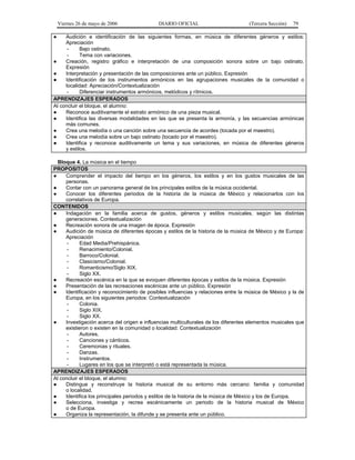 Viernes 26 de mayo de 2006               DIARIO OFICIAL                         (Tercera Sección)   79

●    Audición e identificación de las siguientes formas, en música de diferentes géneros y estilos:
     Apreciación
      -     Bajo ostinato.
      -     Tema con variaciones.
●    Creación, registro gráfico e interpretación de una composición sonora sobre un bajo ostinato.
     Expresión
●    Interpretación y presentación de las composiciones ante un público. Expresión
●    Identificación de los instrumentos armónicos en las agrupaciones musicales de la comunidad o
     localidad: Apreciación/Contextualización
      -     Diferenciar instrumentos armónicos, melódicos y rítmicos.
APRENDIZAJES ESPERADOS
Al concluir el bloque, el alumno:
●    Reconoce auditivamente el estrato armónico de una pieza musical.
●    Identifica las diversas modalidades en las que se presenta la armonía, y las secuencias armónicas
     más comunes.
●    Crea una melodía o una canción sobre una secuencia de acordes (tocada por el maestro).
●    Crea una melodía sobre un bajo ostinato (tocado por el maestro).
●    Identifica y reconoce auditivamente un tema y sus variaciones, en música de diferentes géneros
     y estilos.

  Bloque 4. La música en el tiempo
PROPOSITOS
●    Comprender el impacto del tiempo en los géneros, los estilos y en los gustos musicales de las
     personas.
●    Contar con un panorama general de los principales estilos de la música occidental.
●    Conocer los diferentes periodos de la historia de la música de México y relacionarlos con los
     correlativos de Europa.
CONTENIDOS
●    Indagación en la familia acerca de gustos, géneros y estilos musicales, según las distintas
     generaciones. Contextualización
●    Recreación sonora de una imagen de época. Expresión
●    Audición de música de diferentes épocas y estilos de la historia de la música de México y de Europa:
     Apreciación
      -     Edad Media/Prehispánica.
      -     Renacimiento/Colonial.
      -     Barroco/Colonial.
      -     Clasicismo/Colonial.
      -     Romanticismo/Siglo XIX.
      -     Siglo XX.
●    Recreación escénica en la que se evoquen diferentes épocas y estilos de la música. Expresión
●    Presentación de las recreaciones escénicas ante un público. Expresión
●    Identificación y reconocimiento de posibles influencias y relaciones entre la música de México y la de
     Europa, en los siguientes periodos: Contextualización
      -     Colonia.
      -     Siglo XIX.
      -     Siglo XX.
●    Investigación acerca del origen e influencias multiculturales de los diferentes elementos musicales que
     existieron o existen en la comunidad o localidad: Contextualización
      -     Autores.
      -     Canciones y cánticos.
      -     Ceremonias y rituales.
      -     Danzas.
      -     Instrumentos.
      -     Lugares en los que se interpretó o está representada la música.
APRENDIZAJES ESPERADOS
Al concluir el bloque, el alumno:
●    Distingue y reconstruye la historia musical de su entorno más cercano: familia y comunidad
     o localidad.
●    Identifica los principales periodos y estilos de la historia de la música de México y los de Europa.
●    Selecciona, investiga y recrea escénicamente un periodo de la historia musical de México
     o de Europa.
●    Organiza la representación, la difunde y se presenta ante un público.
 