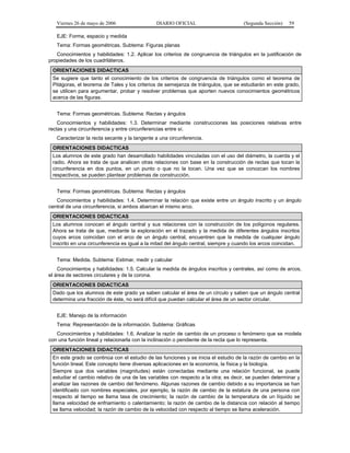 Viernes 26 de mayo de 2006                  DIARIO OFICIAL                       (Segunda Sección)   59

   EJE: Forma, espacio y medida
   Tema: Formas geométricas. Subtema: Figuras planas
   Conocimientos y habilidades: 1.2. Aplicar los criterios de congruencia de triángulos en la justificación de
propiedades de los cuadriláteros.
 ORIENTACIONES DIDACTICAS
 Se sugiere que tanto el conocimiento de los criterios de congruencia de triángulos como el teorema de
 Pitágoras, el teorema de Tales y los criterios de semejanza de triángulos, que se estudiarán en este grado,
 se utilicen para argumentar, probar y resolver problemas que aporten nuevos conocimientos geométricos
 acerca de las figuras.


   Tema: Formas geométricas. Subtema: Rectas y ángulos
    Conocimientos y habilidades: 1.3. Determinar mediante construcciones las posiciones relativas entre
rectas y una circunferencia y entre circunferencias entre sí.
   Caracterizar la recta secante y la tangente a una circunferencia.
 ORIENTACIONES DIDACTICAS
 Los alumnos de este grado han desarrollado habilidades vinculadas con el uso del diámetro, la cuerda y el
 radio. Ahora se trata de que analicen otras relaciones con base en la construcción de rectas que tocan la
 circunferencia en dos puntos, en un punto o que no la tocan. Una vez que se conozcan los nombres
 respectivos, se pueden plantear problemas de construcción.


   Tema: Formas geométricas. Subtema: Rectas y ángulos
   Conocimientos y habilidades: 1.4. Determinar la relación que existe entre un ángulo inscrito y un ángulo
central de una circunferencia, si ambos abarcan el mismo arco.
 ORIENTACIONES DIDACTICAS
 Los alumnos conocen el ángulo central y sus relaciones con la construcción de los polígonos regulares.
 Ahora se trata de que, mediante la exploración en el trazado y la medida de diferentes ángulos inscritos
 cuyos arcos coincidan con el arco de un ángulo central, encuentren que la medida de cualquier ángulo
 inscrito en una circunferencia es igual a la mitad del ángulo central, siempre y cuando los arcos coincidan.


   Tema: Medida. Subtema: Estimar, medir y calcular
    Conocimientos y habilidades: 1.5. Calcular la medida de ángulos inscritos y centrales, así como de arcos,
el área de sectores circulares y de la corona.
 ORIENTACIONES DIDACTICAS
 Dado que los alumnos de este grado ya saben calcular el área de un círculo y saben que un ángulo central
 determina una fracción de éste, no será difícil que puedan calcular el área de un sector circular.


   EJE: Manejo de la información
   Tema: Representación de la información. Subtema: Gráficas
   Conocimientos y habilidades: 1.6. Analizar la razón de cambio de un proceso o fenómeno que se modela
con una función lineal y relacionarla con la inclinación o pendiente de la recta que lo representa.
 ORIENTACIONES DIDACTICAS
 En este grado se continúa con el estudio de las funciones y se inicia el estudio de la razón de cambio en la
 función lineal. Este concepto tiene diversas aplicaciones en la economía, la física y la biología.
 Siempre que dos variables (magnitudes) están conectadas mediante una relación funcional, se puede
 estudiar el cambio relativo de una de las variables con respecto a la otra; es decir, se pueden determinar y
 analizar las razones de cambio del fenómeno. Algunas razones de cambio debido a su importancia se han
 identificado con nombres especiales, por ejemplo, la razón de cambio de la estatura de una persona con
 respecto al tiempo se llama tasa de crecimiento; la razón de cambio de la temperatura de un líquido se
 llama velocidad de enfriamiento o calentamiento; la razón de cambio de la distancia con relación al tiempo
 se llama velocidad; la razón de cambio de la velocidad con respecto al tiempo se llama aceleración.
 