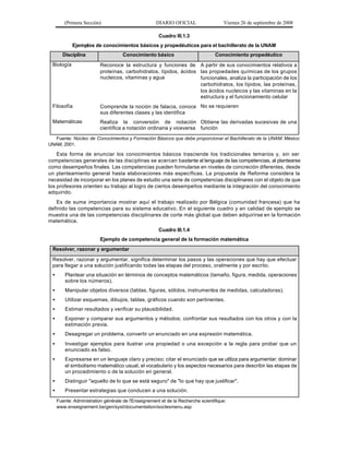 (Primera Sección)                            DIARIO OFICIAL                  Viernes 26 de septiembre de 2008

                                                      Cuadro III.1.3
            Ejemplos de conocimientos básicos y propedéuticos para el bachillerato de la UNAM
       Disciplina                    Conocimiento básico                         Conocimiento propedéutico
 Biología                 Reconoce la estructura y funciones de A partir de sus conocimientos relativos a
                          proteínas, carbohidratos, lípidos, ácidos las propiedades químicas de los grupos
                          nucleicos, vitaminas y agua               funcionales, analiza la participación de los
                                                                    carbohidratos, los lípidos, las proteínas,
                                                                    los ácidos nucleicos y las vitaminas en la
                                                                    estructura y el funcionamiento celular
 Filosofía                Comprende la noción de falacia, conoce No se requieren
                          sus diferentes clases y las identifica
 Matemáticas              Realiza la conversión de notación Obtiene las derivadas sucesivas de una
                          científica a notación ordinaria y viceversa función

   Fuente: Núcleo de Conocimientos y Formación Básicos que debe proporcionar el Bachillerato de la UNAM. México:
UNAM, 2001.

    Esta forma de enunciar los conocimientos básicos trasciende los tradicionales temarios y, sin ser
competencias generales de las disciplinas se acercan bastante al lenguaje de las competencias, al plantearse
como desempeños finales. Las competencias pueden formularse en niveles de concreción diferentes, desde
un planteamiento general hasta elaboraciones más específicas. La propuesta de Reforma considera la
necesidad de incorporar en los planes de estudio una serie de competencias disciplinares con el objeto de que
los profesores orienten su trabajo al logro de ciertos desempeños mediante la integración del conocimiento
adquirido.
   Es de suma importancia mostrar aquí el trabajo realizado por Bélgica (comunidad francesa) que ha
definido las competencias para su sistema educativo. En el siguiente cuadro y en calidad de ejemplo se
muestra una de las competencias disciplinares de corte más global que deben adquirirse en la formación
matemática.
                                                      Cuadro III.1.4
                          Ejemplo de competencia general de la formación matemática
 Resolver, razonar y argumentar

 Resolver, razonar y argumentar, significa determinar los pasos y las operaciones que hay que efectuar
 para llegar a una solución justificando todas las etapas del proceso, oralmente y por escrito.
 •       Plantear una situación en términos de conceptos matemáticos (tamaño, figura, medida, operaciones
         sobre los números).
 •       Manipular objetos diversos (tablas, figuras, sólidos, instrumentos de medidas, calculadoras).
 •       Utilizar esquemas, dibujos, tablas, gráficos cuando son pertinentes.
 •       Estimar resultados y verificar su plausibilidad.
 •       Exponer y comparar sus argumentos y métodos; confrontar sus resultados con los otros y con la
         estimación previa.
 •       Desagregar un problema, convertir un enunciado en una expresión matemática.
 •       Investigar ejemplos para ilustrar una propiedad o una excepción a la regla para probar que un
         enunciado es falso.
 •       Expresarse en un lenguaje claro y preciso; citar el enunciado que se utiliza para argumentar; dominar
         el simbolismo matemático usual, el vocabulario y los aspectos necesarios para describir las etapas de
         un procedimiento o de la solución en general.
 •       Distinguir "aquello de lo que se está seguro" de "lo que hay que justificar".
 •       Presentar estrategias que conducen a una solución.

     Fuente: Administration générale de l'Enseignement et de la Recherche scientifique:
     www.enseignement.be/gen/syst/documentation/soclesmenu.asp
 