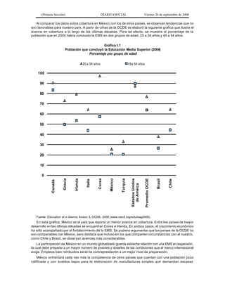 (Primera Sección)

DIARIO OFICIAL

Viernes 26 de septiembre de 2008

Al comparar los datos sobre cobertura en México con los de otros países, se observan tendencias que no
son favorables para nuestro país. A partir de cifras de la OCDE se elaboró la siguiente gráfica que ilustra el
avance en cobertura a lo largo de las últimas décadas. Para tal efecto, se muestra el porcentaje de la
población que en 2004 había concluido la EMS en dos grupos de edad, 25 a 34 años y 45 a 54 años.

Gráfica I.1
Población que concluyó la Educación Media Superior (2004)
Porcentaje por grupo de edad
25 a 34 años

45a 54 años

100
90
80
70
60
50
40
30
20
10

Chile

Brasil

Promedio OCDE

Estados Unidos
de Améica

Turquía

México

Corea

Italia

Irlanda

Grecia

Canadá

0

Fuente: Education at a Glance, Anexo 3. OCDE, 2006 (www.oecd.org/edu/eag2006).

En esta gráfica, México es el país que reporta un menor avance en cobertura. Entre los países de mayor
desarrollo en las últimas décadas se encuentran Corea e Irlanda. En ambos casos, el crecimiento económico
ha sido acompañado por el fortalecimiento de la EMS. Se pudiera argumentar que los países de la OCDE no
son comparables con México, pero destaca que incluso en los que comparten circunstancias con el nuestro,
como Chile y Brasil, se observan avances más considerables.
La participación de México en un mundo globalizado guarda estrecha relación con una EMS en expansión,
la cual debe preparar a un mayor número de jóvenes y dotarles de las condiciones que el marco internacional
exige. Empleos bien retribuidos serán la contraprestación a un mejor nivel de preparación.
México enfrentará cada vez más la competencia de otros países que cuentan con una población poco
calificada y con sueldos bajos para la elaboración de manufacturas simples que demandan escasas

 