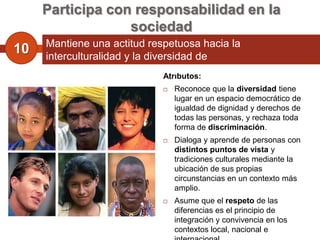 Participa con responsabilidad en la
                  sociedad
     Mantiene una actitud respetuosa hacia la
10   interculturalidad y la diversidad de
     creencias, valores, ideas y prácticas sociales.
                              Atributos:
                                 Reconoce que la diversidad tiene
                                  lugar en un espacio democrático de
                                  igualdad de dignidad y derechos de
                                  todas las personas, y rechaza toda
                                  forma de discriminación.
                                 Dialoga y aprende de personas con
                                  distintos puntos de vista y
                                  tradiciones culturales mediante la
                                  ubicación de sus propias
                                  circunstancias en un contexto más
                                  amplio.
                                 Asume que el respeto de las
                                  diferencias es el principio de
                                  integración y convivencia en los
                                  contextos local, nacional e
 