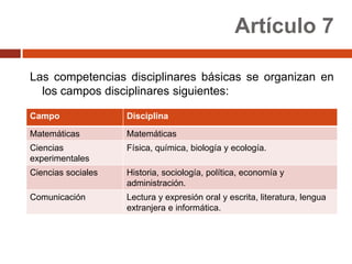 Artículo 7

Las competencias disciplinares básicas se organizan en
  los campos disciplinares siguientes:

Campo               Disciplina

Matemáticas         Matemáticas
Ciencias            Física, química, biología y ecología.
experimentales
Ciencias sociales   Historia, sociología, política, economía y
                    administración.
Comunicación        Lectura y expresión oral y escrita, literatura, lengua
                    extranjera e informática.
 