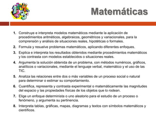 Matemáticas

1. Construye e interpreta modelos matemáticos mediante la aplicación de
   procedimientos aritméticos, algebraicos, geométricos y variacionales, para la
   comprensión y análisis de situaciones reales, hipotéticas o formales.
2. Formula y resuelve problemas matemáticos, aplicando diferentes enfoques.
3. Explica e interpreta los resultados obtenidos mediante procedimientos matemáticos
   y los contrasta con modelos establecidos o situaciones reales.
4. Argumenta la solución obtenida de un problema, con métodos numéricos, gráficos,
   analíticos o variacionales, mediante el lenguaje verbal, matemático y el uso de las
   TIC.
5. Analiza las relaciones entre dos o más variables de un proceso social o natural
   para determinar o estimar su comportamiento.
6. Cuantifica, representa y contrasta experimental o matemáticamente las magnitudes
   del espacio y las propiedades físicas de los objetos que lo rodean.
7. Elige un enfoque determinista o uno aleatorio para el estudio de un proceso o
   fenómeno, y argumenta su pertinencia.
8. Interpreta tablas, gráficas, mapas, diagramas y textos con símbolos matemáticos y
   científicos.
 