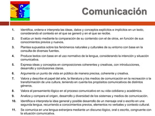 Comunicación
1.    Identifica, ordena e interpreta las ideas, datos y conceptos explícitos e implícitos en un texto,
      considerando el contexto en el que se generó y en el que se recibe.
2.    Evalúa un texto mediante la comparación de su contenido con el de otros, en función de sus
      conocimientos previos y nuevos.
3.    Plantea supuestos sobre los fenómenos naturales y culturales de su entorno con base en la
      consulta de diversas fuentes.
4.    Produce textos con base en el uso normativo de la lengua, considerando la intención y situación
      comunicativa.
5.    Expresa ideas y conceptos en composiciones coherentes y creativas, con introducciones,
      desarrollo y conclusiones claras.
6.    Argumenta un punto de vista en público de manera precisa, coherente y creativa.
7.    Valora y describe el papel del arte, la literatura y los medios de comunicación en la recreación o la
      transformación de una cultura, teniendo en cuenta los propósitos comunicativos de distintos
      géneros.
8.    Valora el pensamiento lógico en el proceso comunicativo en su vida cotidiana y académica.
9.    Analiza y compara el origen, desarrollo y diversidad de los sistemas y medios de comunicación.
10.   Identifica e interpreta la idea general y posible desarrollo de un mensaje oral o escrito en una
      segunda lengua, recurriendo a conocimientos previos, elementos no verbales y contexto cultural.
11.   Se comunica en una lengua extranjera mediante un discurso lógico, oral o escrito, congruente con
      la situación comunicativa.
 
