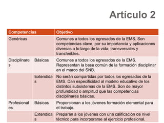 Artículo 2
Competencias              Objetivo
Genéricas                 Comunes a todos los egresados de la EMS. Son
                          competencias clave, por su importancia y aplicaciones
                          diversas a lo largo de la vida; transversales y
                          transferibles.
Disciplinare   Básicas    Comunes a todos los egresados de la EMS.
s                         Representan la base común de la formación disciplinar
                          en el marco del SNB.
               Extendida No serán compartidas por todos los egresados de la
               s         EMS. Dan especificidad al modelo educativo de los
                         distintos subsistemas de la EMS. Son de mayor
                         profundidad o amplitud que las competencias
                         disciplinares básicas.
Profesional    Básicas    Proporcionan a los jóvenes formación elemental para
es                        el trabajo.
               Extendida Preparan a los jóvenes con una calificación de nivel
               s         técnico para incorporarse al ejercicio profesional.
 