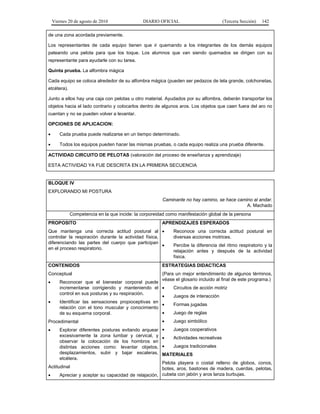 Viernes 20 de agosto de 2010 DIARIO OFICIAL (Tercera Sección) 142
de una zona acordada previamente.
Los representantes de cada equipo tienen que ir quemando a los integrantes de los demás equipos
pateando una pelota para que los toque. Los alumnos que van siendo quemados se dirigen con su
representante para ayudarle con su tarea.
Quinta prueba. La alfombra mágica
Cada equipo se coloca alrededor de su alfombra mágica (pueden ser pedazos de tela grande, colchonetas,
etcétera).
Junto a ellos hay una caja con pelotas u otro material. Ayudados por su alfombra, deberán transportar los
objetos hacia el lado contrario y colocarlos dentro de algunos aros. Los objetos que caen fuera del aro no
cuentan y no se pueden volver a levantar.
OPCIONES DE APLICACION:
• Cada prueba puede realizarse en un tiempo determinado.
• Todos los equipos pueden hacer las mismas pruebas, o cada equipo realiza una prueba diferente.
ACTIVIDAD CIRCUITO DE PELOTAS (valoración del proceso de enseñanza y aprendizaje)
ESTA ACTIVIDAD YA FUE DESCRITA EN LA PRIMERA SECUENCIA
BLOQUE IV
EXPLORANDO MI POSTURA
Caminante no hay camino, se hace camino al andar.
A. Machado
Competencia en la que incide: la corporeidad como manifestación global de la persona
PROPOSITO
Que mantenga una correcta actitud postural al
controlar la respiración durante la actividad física,
diferenciando las partes del cuerpo que participan
en el proceso respiratorio.
APRENDIZAJES ESPERADOS
• Reconoce una correcta actitud postural en
diversas acciones motrices.
• Percibe la diferencia del ritmo respiratorio y la
relajación antes y después de la actividad
física.
CONTENIDOS
Conceptual
• Reconocer que el bienestar corporal puede
incrementarse corrigiendo y manteniendo el
control en sus posturas y su respiración.
• Identificar las sensaciones propioceptivas en
relación con el tono muscular y conocimiento
de su esquema corporal.
Procedimental
• Explorar diferentes posturas evitando arquear
excesivamente la zona lumbar y cervical, y
observar la colocación de los hombros en
distintas acciones como: levantar objetos,
desplazamientos, subir y bajar escaleras,
etcétera.
Actitudinal
• Apreciar y aceptar su capacidad de relajación,
ESTRATEGIAS DIDACTICAS
(Para un mejor entendimiento de algunos términos,
véase el glosario incluido al final de este programa.)
• Circuitos de acción motriz
• Juegos de interacción
• Formas jugadas
• Juego de reglas
• Juego simbólico
• Juegos cooperativos
• Actividades recreativas
• Juegos tradicionales
MATERIALES
Pelota playera o costal relleno de globos, conos,
botes, aros, bastones de madera, cuerdas, pelotas,
cubeta con jabón y aros lanza burbujas.
 
