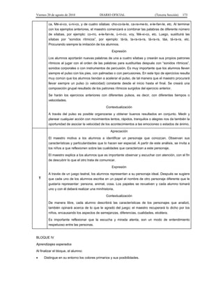 Viernes 20 de agosto de 2010 DIARIO OFICIAL (Tercera Sección) 173
ca, Mé-xi-co, ú-ni-co, y de cuatro sílabas: cho-co-la-te, ca-ra-me-lo, e-le-fan-te, etc. Al terminar
con los ejemplos anteriores, el maestro comenzará a combinar las palabras de diferente número
de sílabas, por ejemplo: co-rro, e-le-fan-te, ú-ni-co, voy, Mé-xi-co, etc. Luego, sustituirá las
sílabas por “sonidos rítmicos”, por ejemplo: tá-ta, ta-ra-ra-ra, tá-ra-ra, táa, tá-ra-ra, etc.
Procurando siempre la imitación de los alumnos.
Expresión
Los alumnos aportarán nuevas palabras de una a cuatro sílabas y crearán sus propios patrones
rítmicos al jugar con el orden de las palabras para sustituirlas después con “sonidos rítmicos”,
sonidos corporales o con instrumentos de percusión. Es muy importante que los alumnos lleven
siempre el pulso con los pies, con palmadas o con percusiones. En este tipo de ejercicios resulta
muy común que los alumnos tiendan a acelerar el pulso, de tal manera que el maestro procurará
llevar siempre un pulso (o velocidad) constante desde el inicio hasta el final. Se creará una
composición grupal resultado de los patrones rítmicos surgidos del ejercicio anterior.
Se harán los ejercicios anteriores con diferentes pulsos, es decir, con diferentes tiempos o
velocidades.
Contextualización
A través del pulso es posible organizarse y obtener buenos resultados en conjunto. Medir y
planear cualquier acción con movimientos lentos, rápidos, tranquilos o alegres nos da también la
oportunidad de asociar la velocidad de los acontecimientos a las emociones o estados de ánimo.
T
Apreciación
El maestro motiva a los alumnos a identificar un personaje que conozcan. Observan sus
características y particularidades que lo hacen ser especial. A partir de este análisis, se invita a
los niños a que reflexionen sobre las cualidades que caracterizan a este personaje.
El maestro explica a los alumnos que es importante observar y escuchar con atención, con el fin
de descubrir lo que el otro trata de comunicar.
Expresión
A través de un juego teatral, los alumnos representan a su personaje ideal. Después se sugiere
que cada uno de los alumnos escriba en un papel el nombre de otro personaje diferente que le
gustaría representar: persona, animal, cosa. Los papeles se revuelven y cada alumno tomará
uno y con él deberá realizar una minihistoria.
Contextualización
De manera libre, cada alumno describirá las características de los personajes que analizó,
también opinará acerca de lo que le agradó del juego; el maestro recuperará lo dicho por los
niños, encausando los aspectos de semejanzas, diferencias, cualidades, etcétera.
Es importante reflexionar que la escucha y mirada atenta, son un modo de entendimiento
respetuoso entre las personas.
BLOQUE IV
Aprendizajes esperados
Al finalizar el bloque, el alumno:
• Distingue en su entorno los colores primarios y sus posibilidades.
 