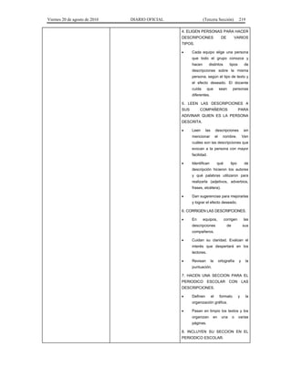Viernes 20 de agosto de 2010 DIARIO OFICIAL (Tercera Sección) 219
4. ELIGEN PERSONAS PARA HACER
DESCRIPCIONES DE VARIOS
TIPOS.
• Cada equipo elige una persona
que todo el grupo conozca y
hacen distintos tipos de
descripciones sobre la misma
persona, según el tipo de texto y
el efecto deseado. El docente
cuida que sean personas
diferentes.
5. LEEN LAS DESCRIPCIONES A
SUS COMPAÑEROS PARA
ADIVINAR QUIEN ES LA PERSONA
DESCRITA.
• Leen las descripciones sin
mencionar el nombre. Ven
cuáles son las descripciones que
evocan a la persona con mayor
facilidad.
• Identifican qué tipo de
descripción hicieron los autores
y qué palabras utilizaron para
realizarla (adjetivos, adverbios,
frases, etcétera).
• Dan sugerencias para mejorarlas
y lograr el efecto deseado.
6. CORRIGEN LAS DESCRIPCIONES.
• En equipos, corrigen las
descripciones de sus
compañeros.
• Cuidan su claridad. Evalúan el
interés que despertará en los
lectores.
• Revisan la ortografía y la
puntuación.
7. HACEN UNA SECCION PARA EL
PERIODICO ESCOLAR CON LAS
DESCRIPCIONES.
• Definen el formato y la
organización gráfica.
• Pasan en limpio los textos y los
organizan en una o varias
páginas.
8. INCLUYEN SU SECCION EN EL
PERIODICO ESCOLAR.
 