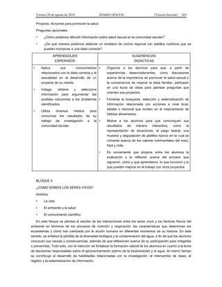 Viernes 20 de agosto de 2010 DIARIO OFICIAL (Tercera Sección) 265
Proyecto. Acciones para promover la salud
Preguntas opcionales
• ¿Cómo podemos difundir información sobre salud sexual en la comunidad escolar?
• ¿De qué manera podemos elaborar un recetario de cocina regional con platillos nutritivos que se
puedan incorporar a una dieta correcta?
APRENDIZAJES
ESPERADOS
SUGERENCIAS
DIDACTICAS
• Aplica sus conocimientos
relacionados con la dieta correcta y la
sexualidad en el desarrollo de un
proyecto de su interés.
• Indaga, obtiene y selecciona
información para argumentar las
posibles soluciones a los problemas
identificados.
• Utiliza diversos medios para
comunicar los resultados de su
trabajo de investigación a la
comunidad escolar.
• Organice a los alumnos para que, a partir de
experiencias desencadenantes, como discusiones
acerca de la importancia de promover la salud sexual o
la conveniencia de mejorar la dieta familiar, participen
en una lluvia de ideas para plantear preguntas que
orienten sus proyectos.
• Fomente la búsqueda, selección y sistematización de
información relacionada con acciones a nivel local,
estatal o nacional que inciden en el mejoramiento de
hábitos alimentarios.
• Motive a los alumnos para que comuniquen sus
resultados de manera interactiva, como la
representación de situaciones, el juego teatral, una
muestra y degustación de platillos típicos en la cual se
comente acerca de los valores nutrimentales del maíz,
frijol y chile.
• Es conveniente que propicie entre los alumnos la
evaluación y la reflexión acerca del proceso que
siguieron, cómo y qué aprendieron, lo que funcionó y lo
que pueden mejorar en el trabajo con otros proyectos.
BLOQUE II
¿COMO SOMOS LOS SERES VIVOS?
Ambitos
• La vida
• El ambiente y la salud
• El conocimiento científico
En este bloque se plantea el estudio de las interacciones entre los seres vivos y los factores físicos del
ambiente en términos de los procesos de nutrición y respiración, las características que determinan los
ecosistemas y cómo han cambiado por la acción humana en diferentes momentos de su historia. En este
sentido, se enfatiza la pérdida de la diversidad biológica y la contaminación del agua, a fin de que los alumnos
conozcan sus causas y consecuencias, además de que reflexionen acerca de su participación para mitigarlas
o prevenirlas. Todo esto, con la intención de fortalecer la formación valoral de los alumnos en cuanto a la toma
de decisiones responsables sobre el aprovechamiento óptimo de la biodiversidad y el agua. Al mismo tiempo
se contribuye al desarrollo de habilidades relacionadas con la investigación: el intercambio de ideas, el
registro y la sistematización de información.
 